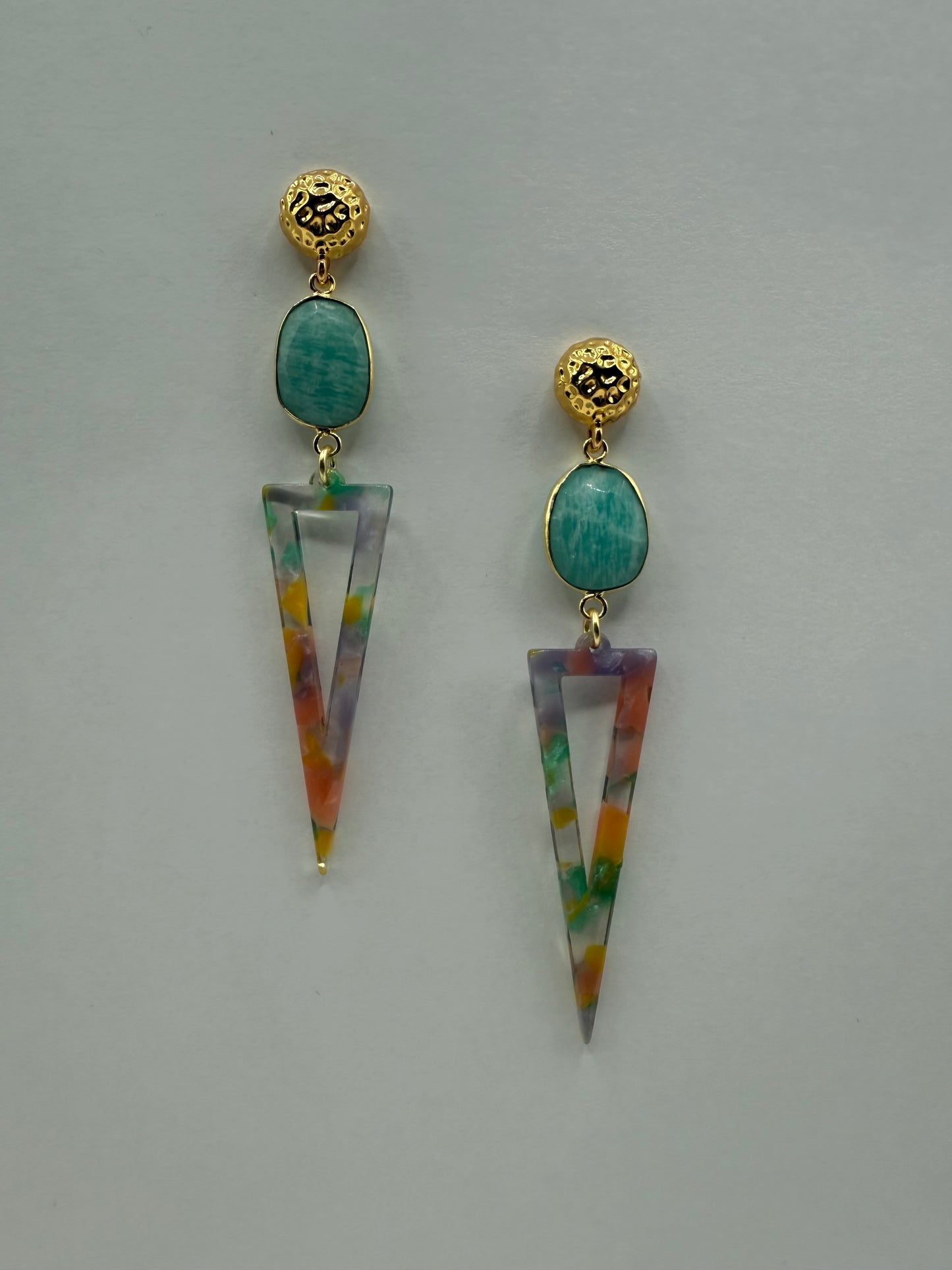 Gemstone Earring with Bezel Set Amazonite Stone with Triangular Acrylic Pendant