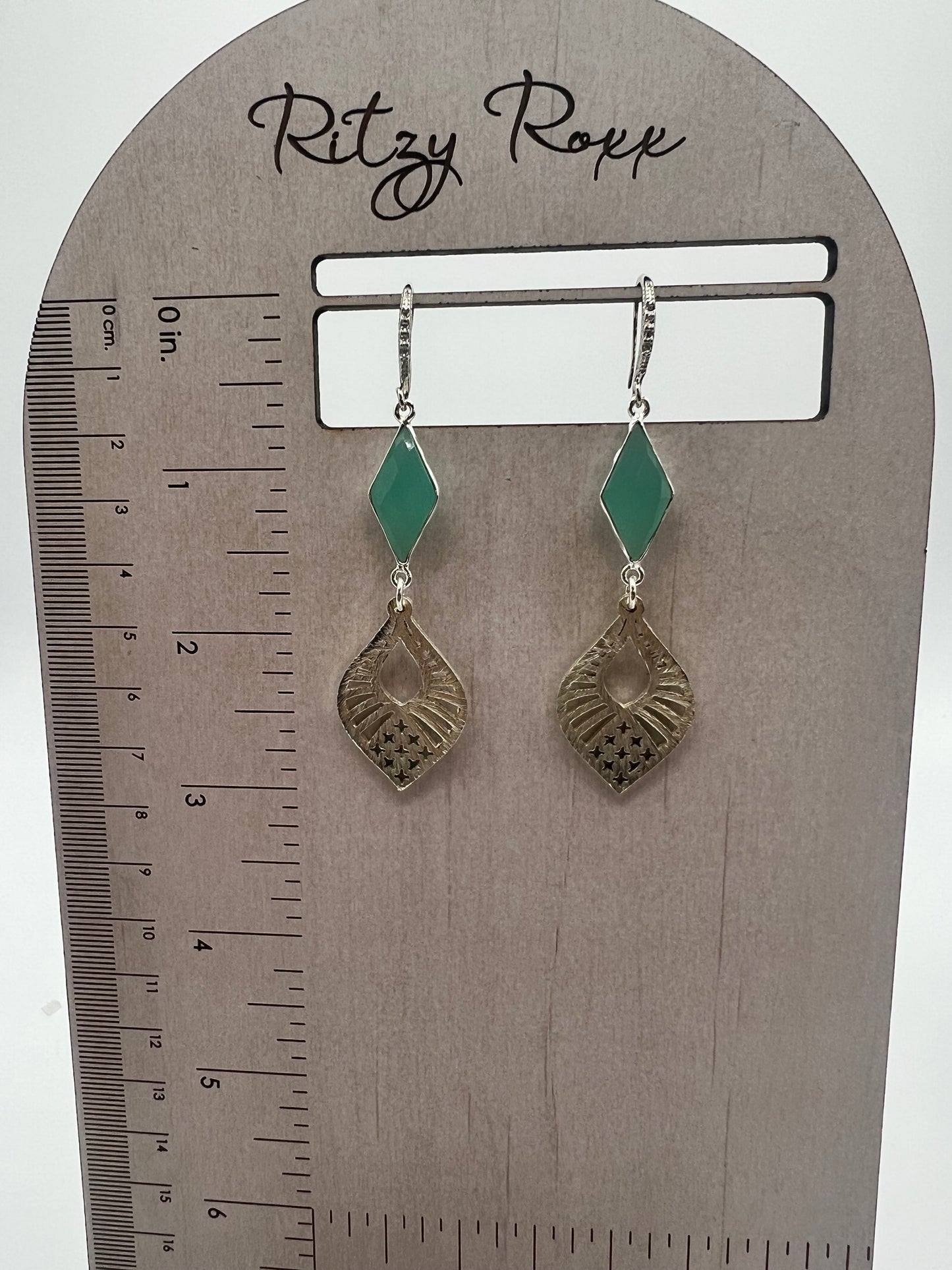 Silver Gemstone earring with Amazonite Diamond and Silver Filigree Charm