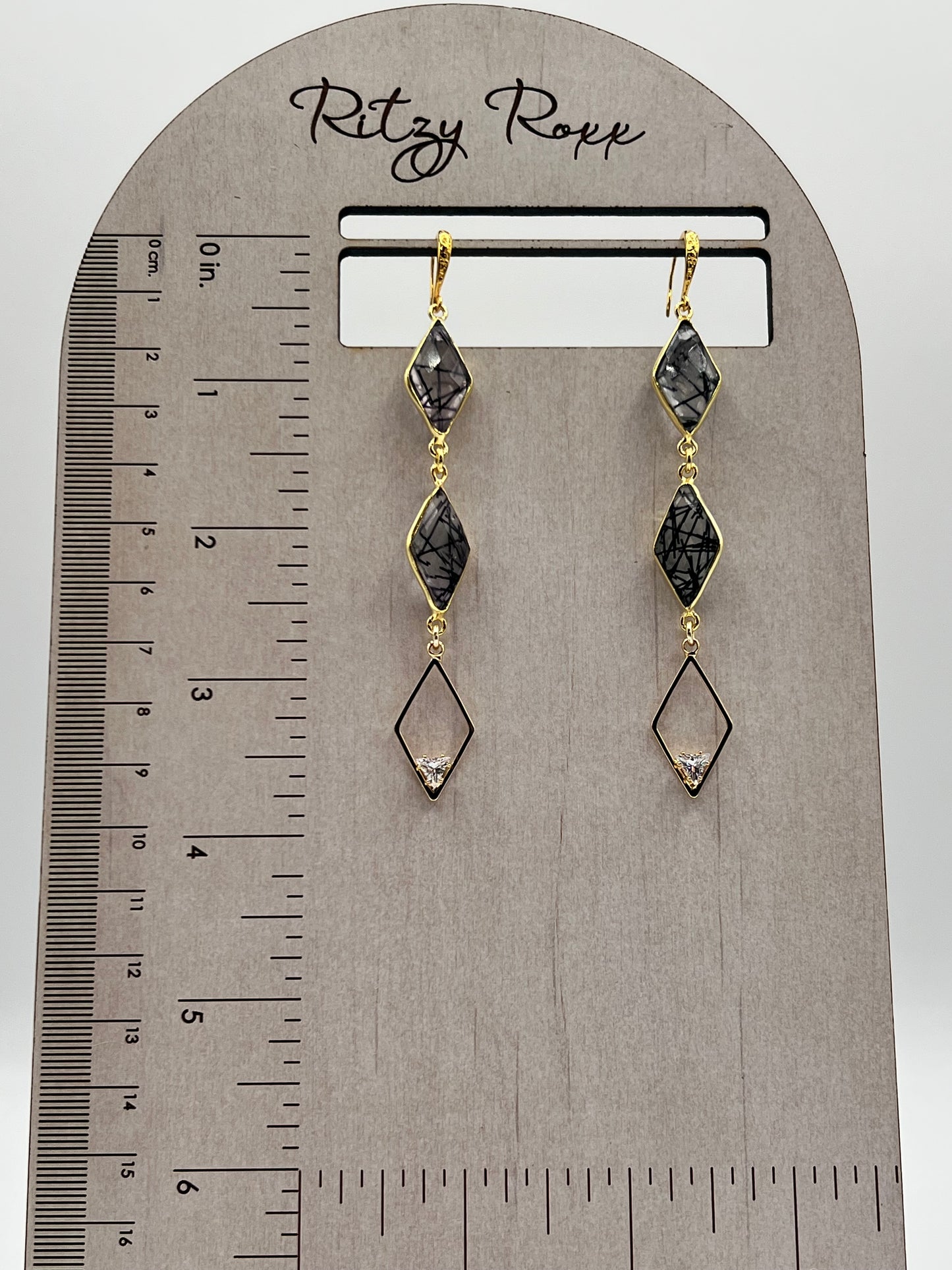 Gemstone Earring/ Black Rutile/Double Diamond/ with Open Diamond CZ Charm