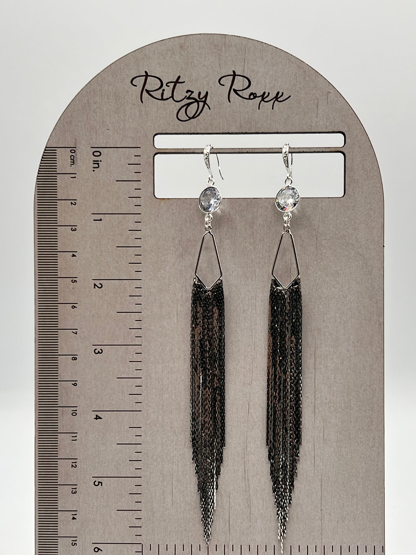 Gemstone Earring/ Long Silver Fringe/ 10MM CZ