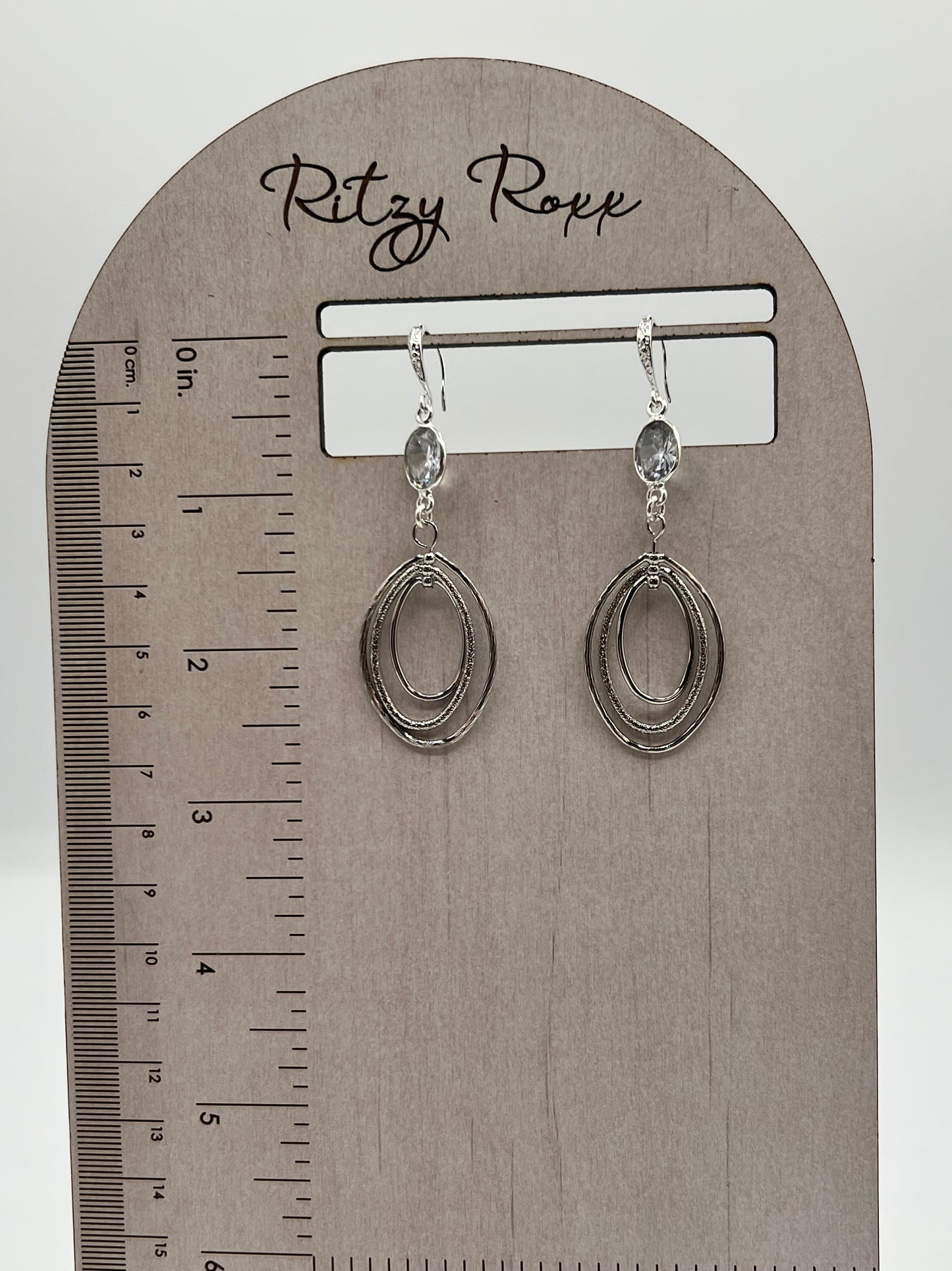 Gemstone Earring/ Silver Oval Swinger Dangles with Oval Sparkly CZ Stone