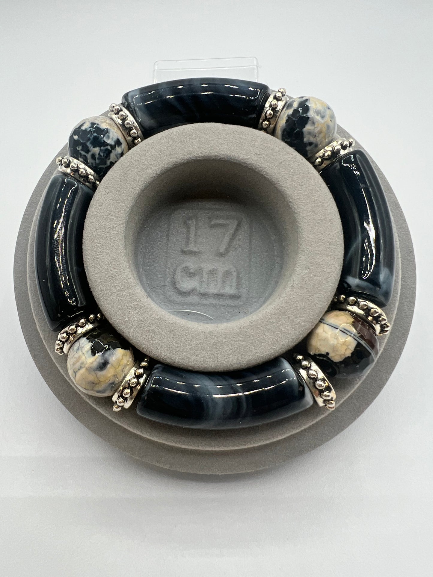Gemstone Black Acrylic Bangle with 14 MM Firecracker Agate Beads, Accented in Silver