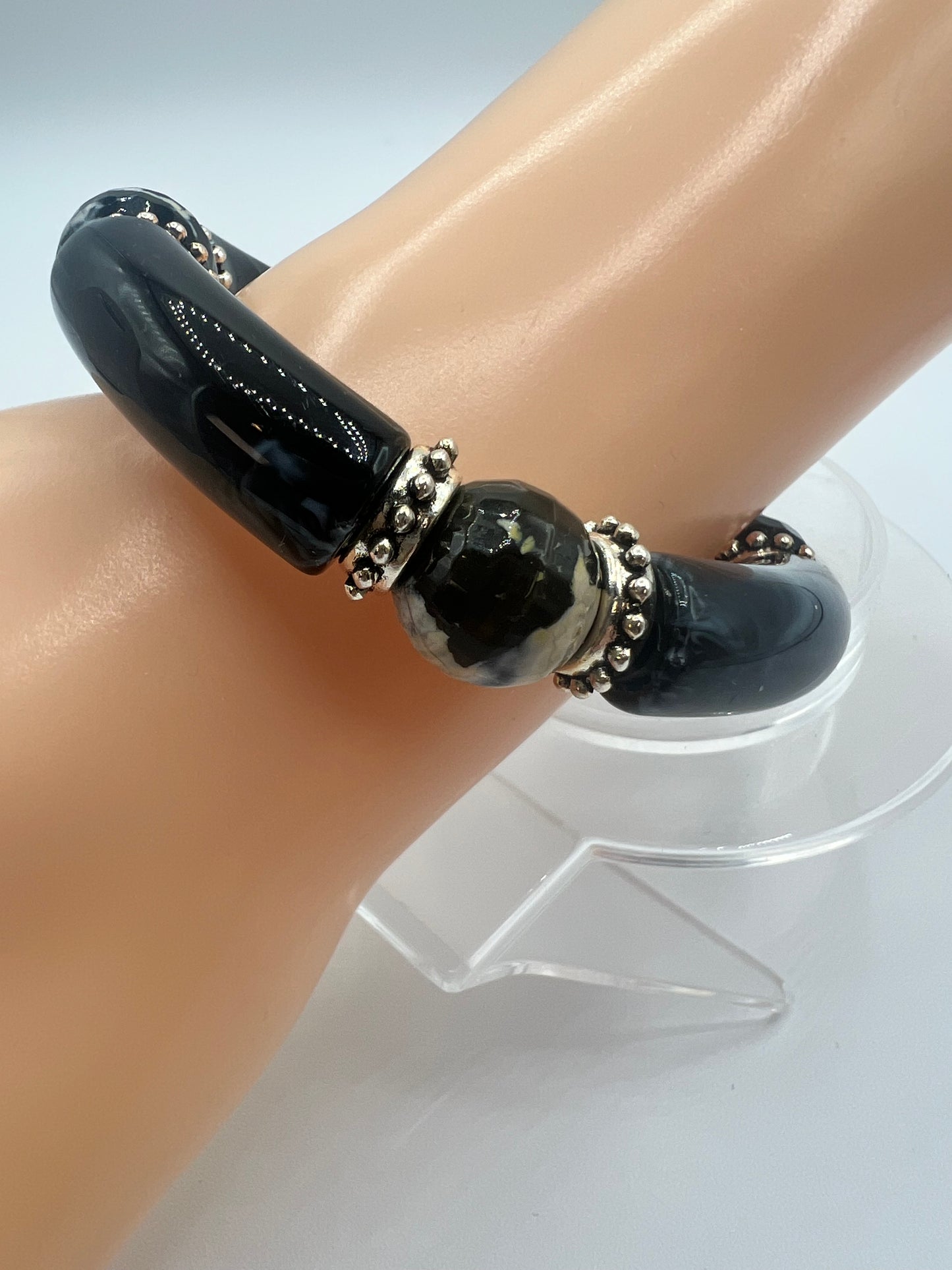 Gemstone Black Acrylic Bangle with 14 MM Firecracker Agate Beads, Accented in Silver