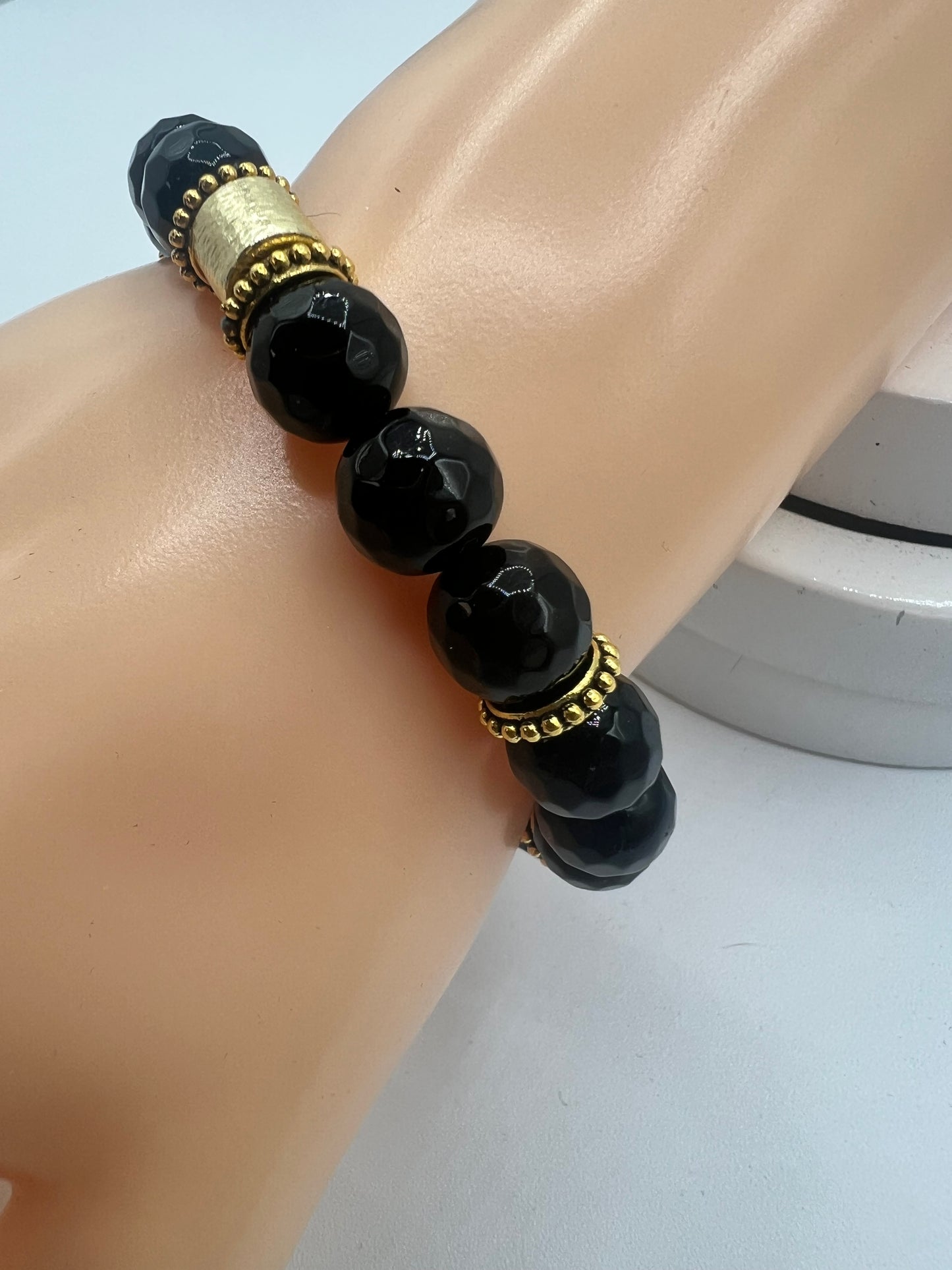 Gemstone Beaded Bracelet/10MM Faceted Onyx with Gold Accents