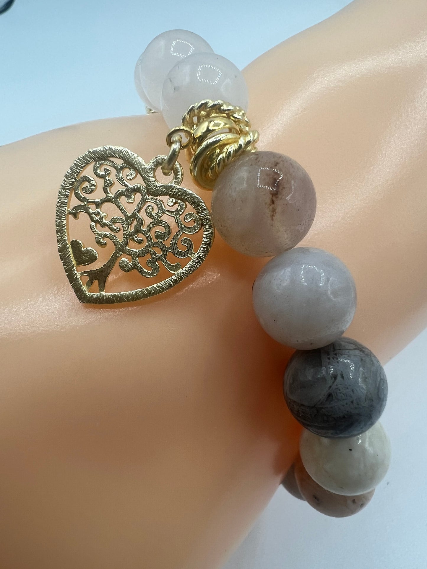 Gemstone Bracelet/ Bamboo Agate and White Jade