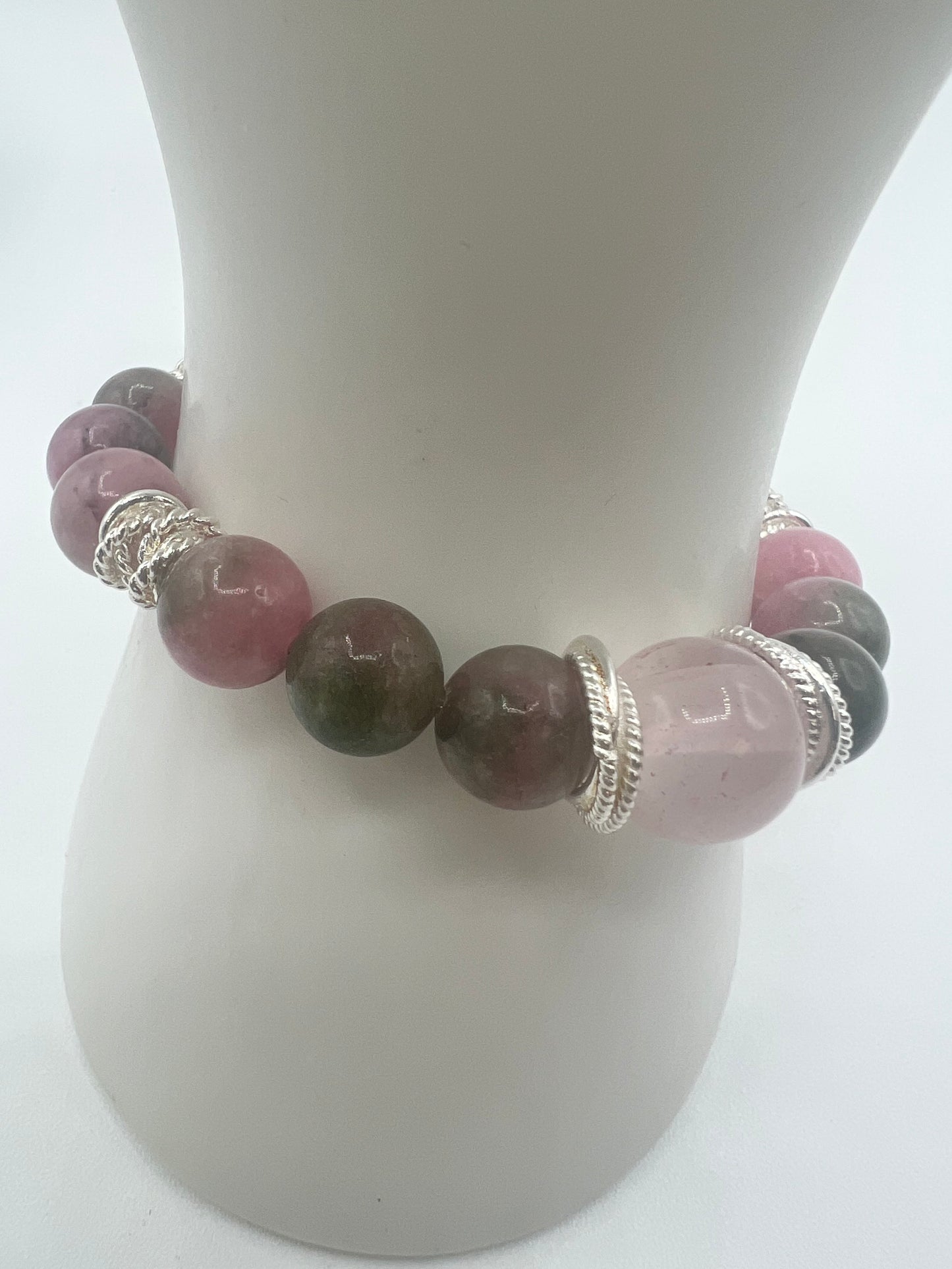 Gemstone Bracelet/Watermelon Jade with Rose Quartz Center