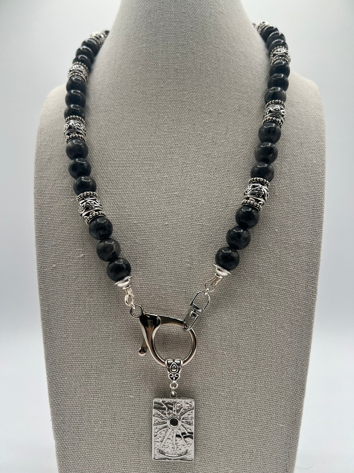 Gemstone Keychain Necklace/ Larvikite, Silver