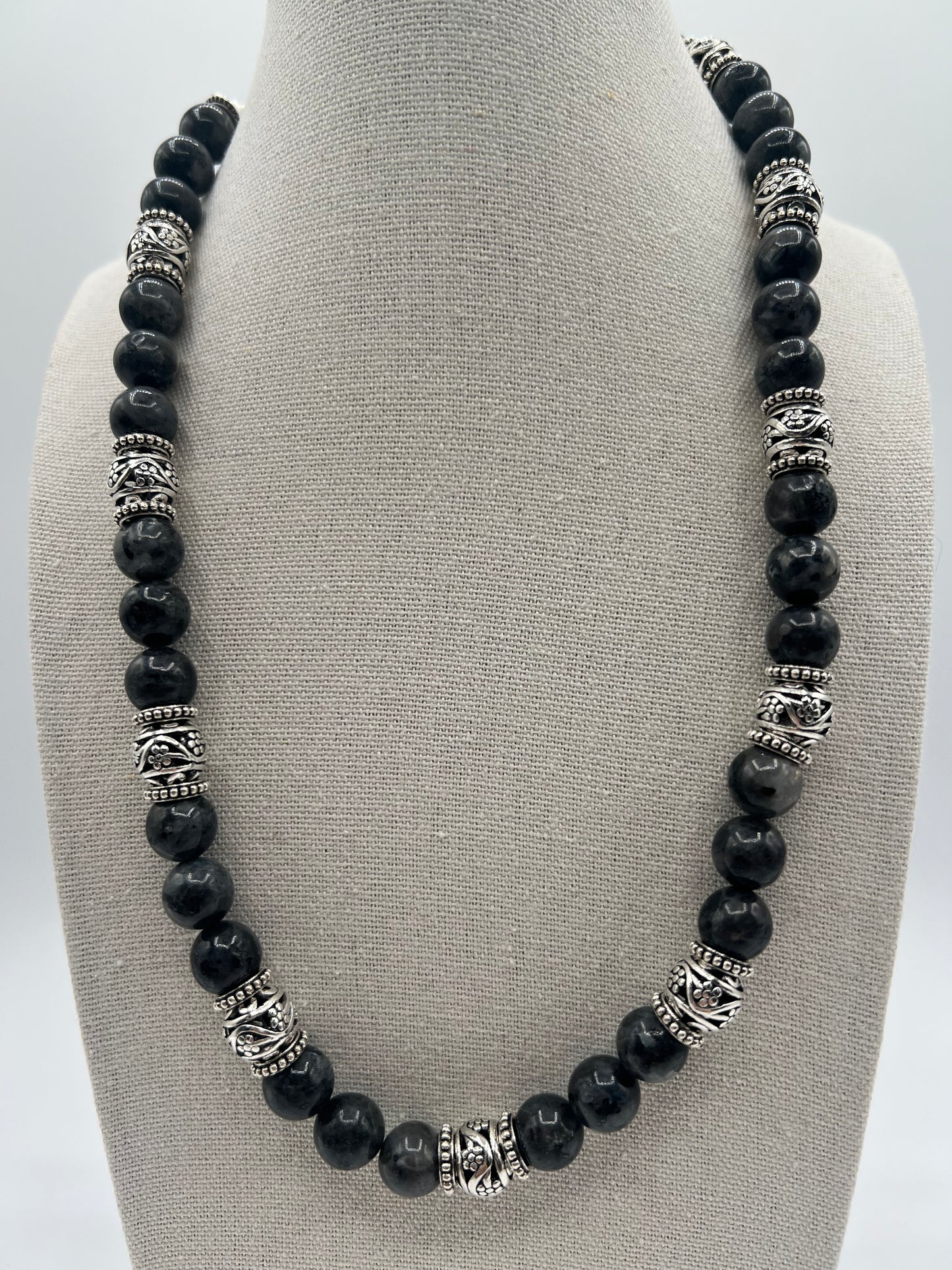 Gemstone Keychain Necklace/ Larvikite, Silver