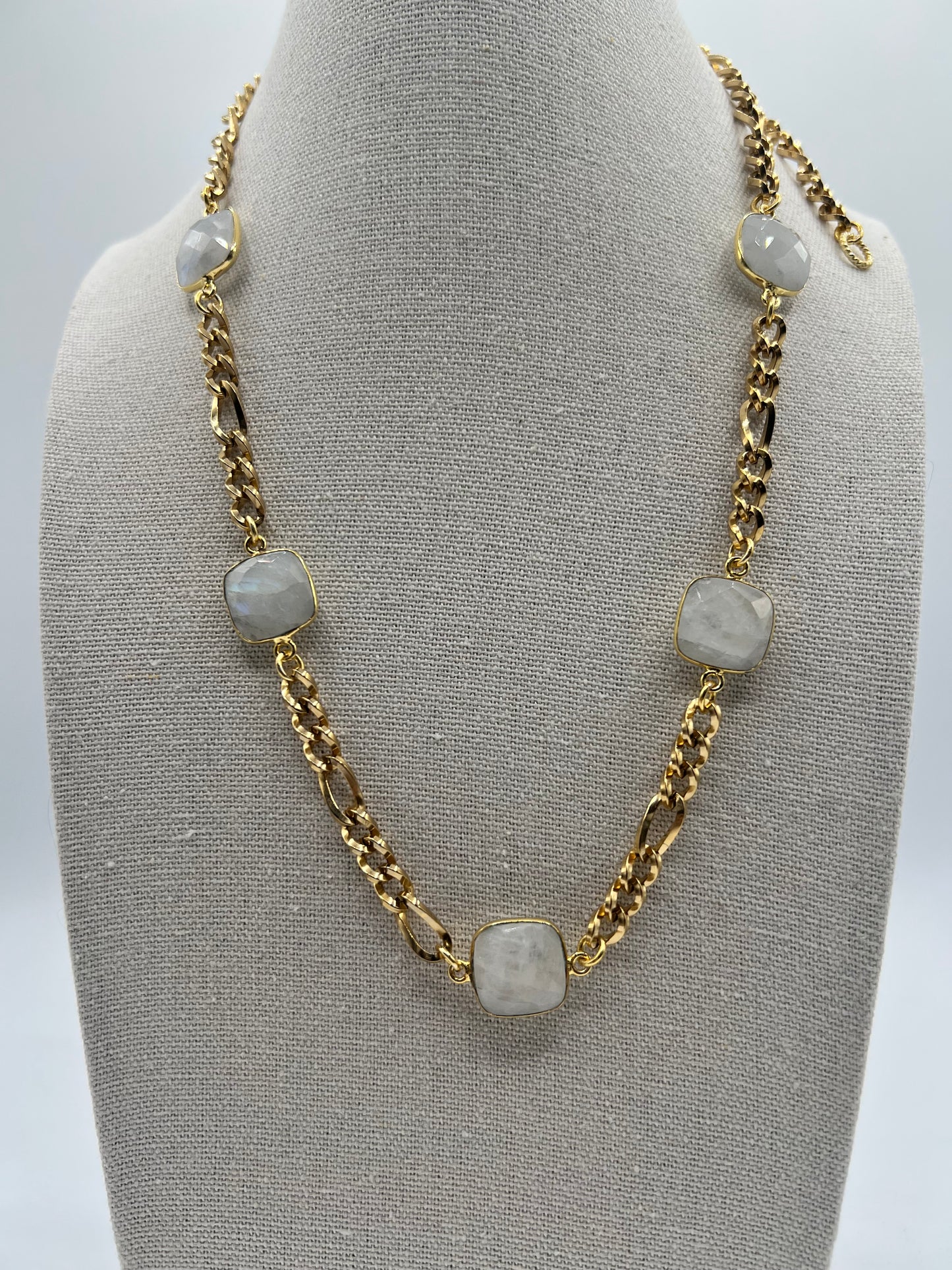 Gemstone Adjustable Necklace/ Rainbow Moonstone, Gold Chain