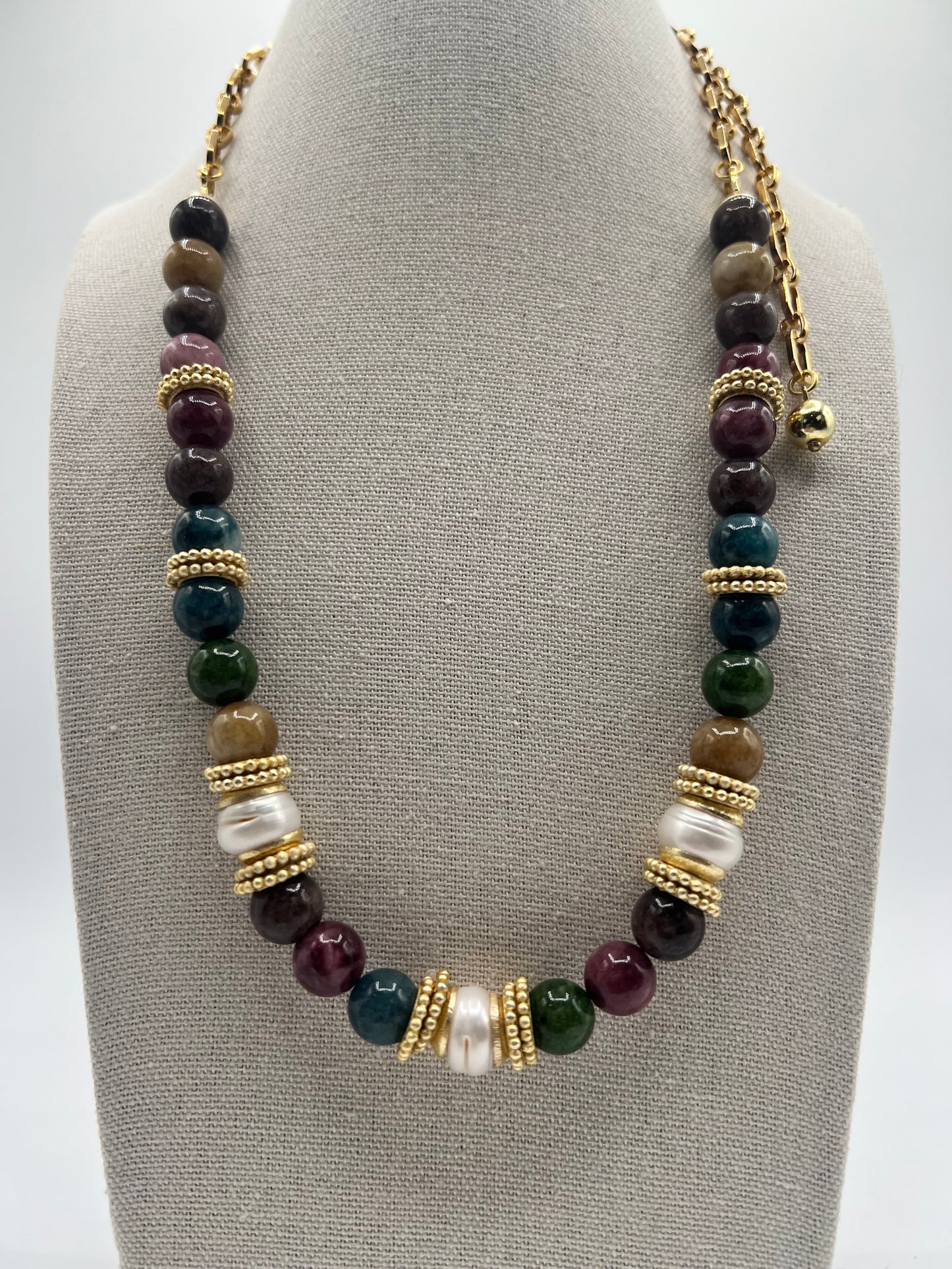 Gemstone Adjustable Necklace/ Tourmaline,Fresh Water Pearls, Gold