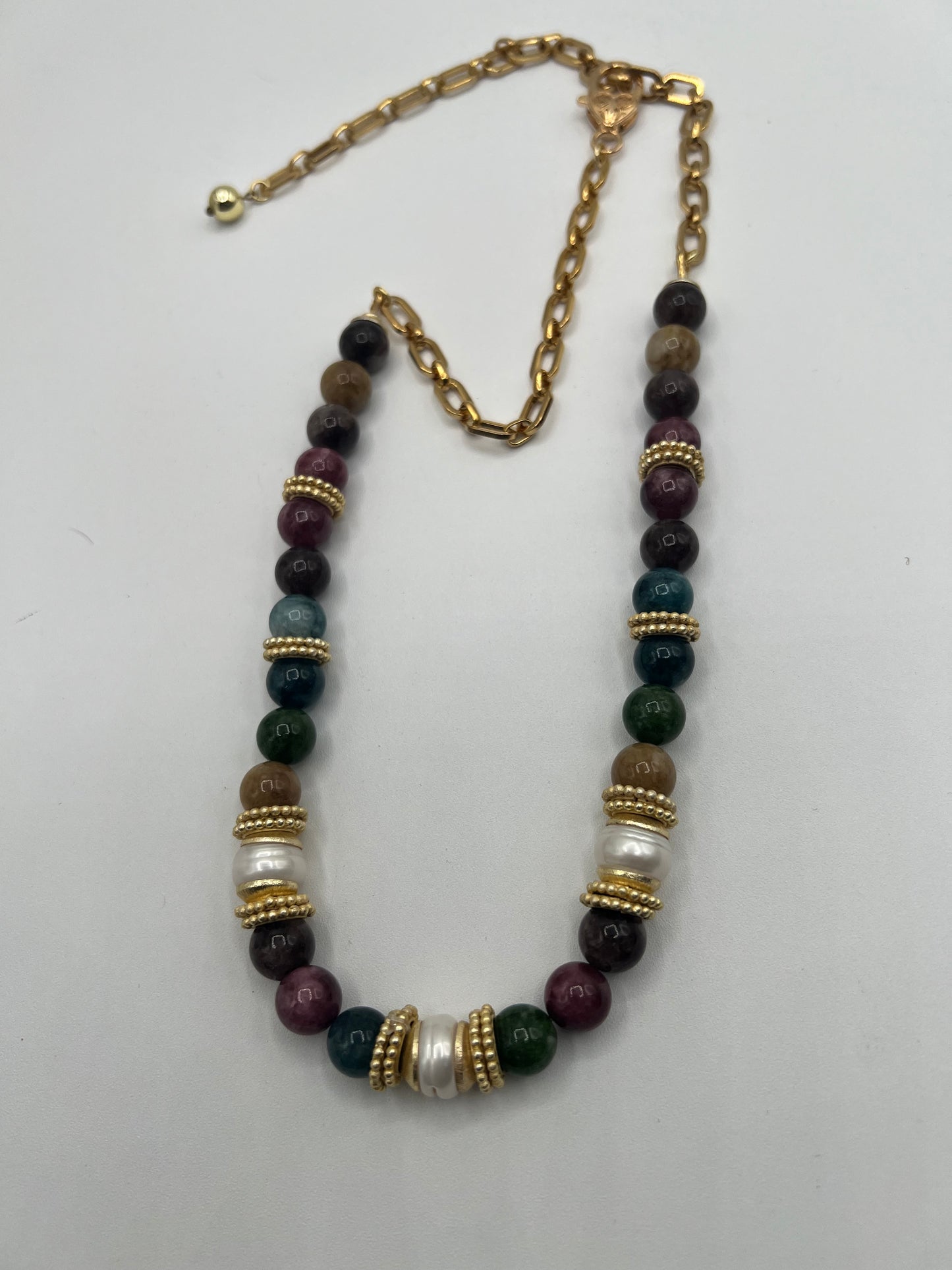 Gemstone Adjustable Necklace/ Tourmaline,Fresh Water Pearls, Gold