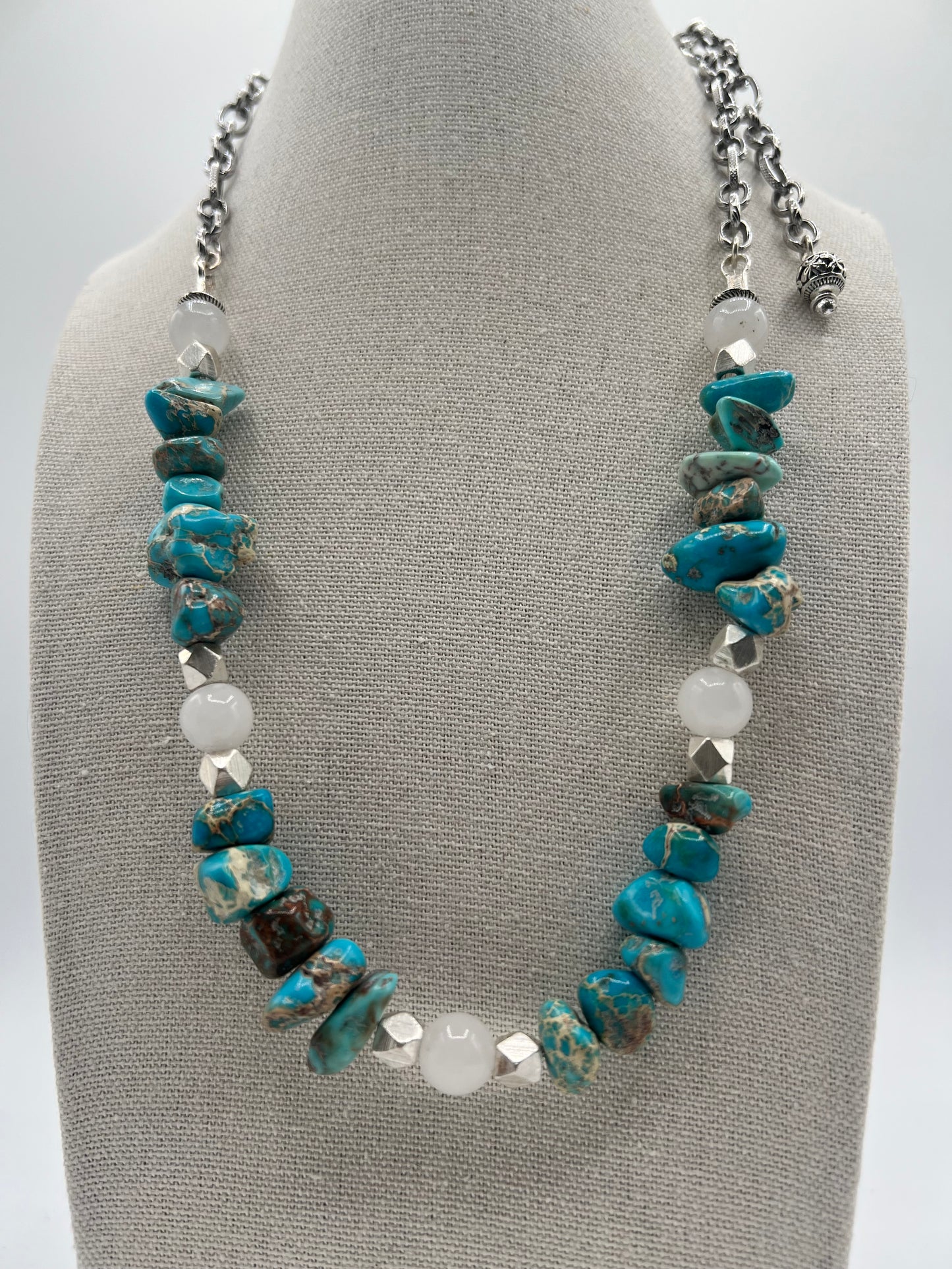 Gemstone Adjustable Necklace/ Turquoise, White Jade, Silver