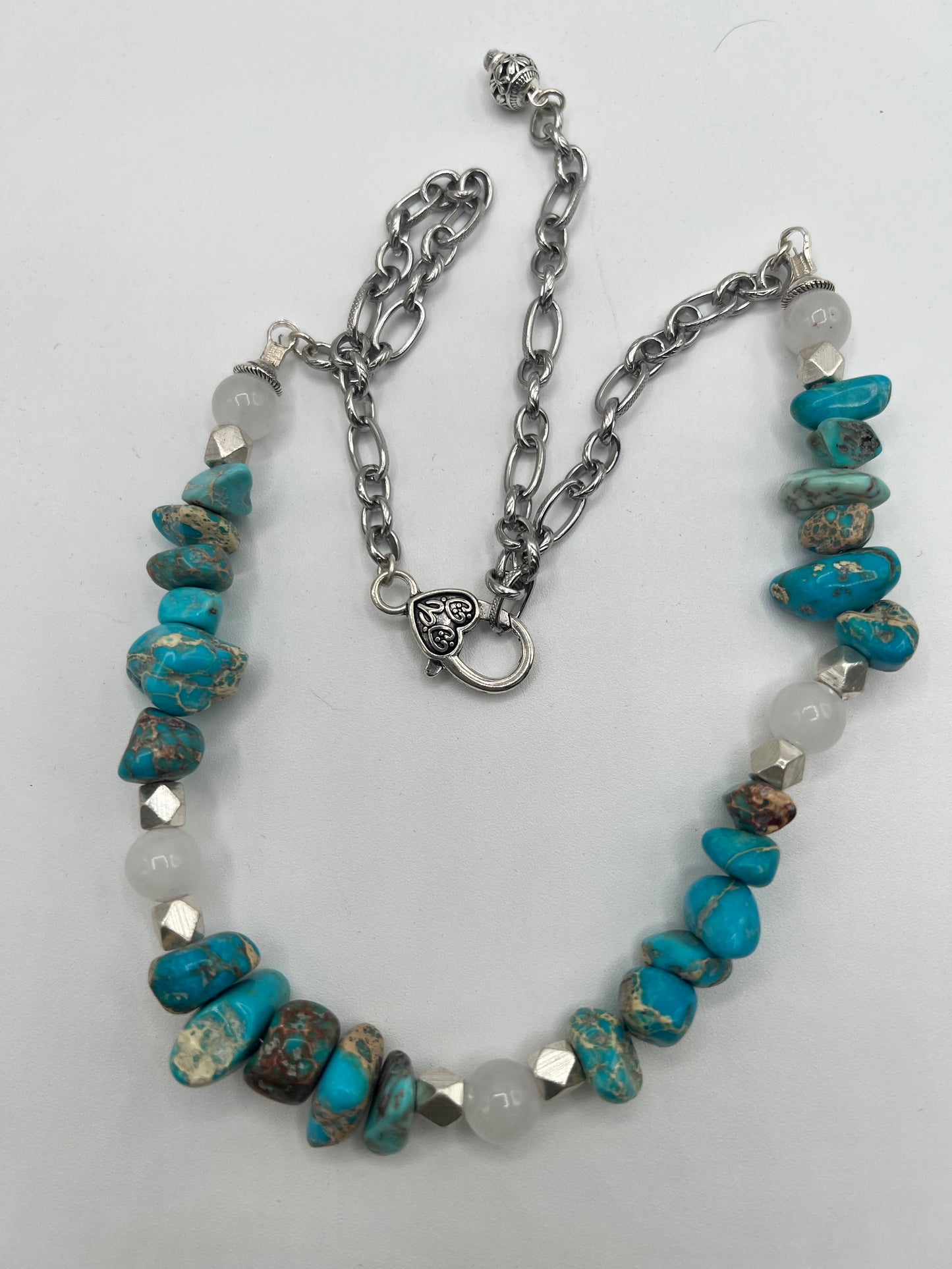 Gemstone Adjustable Necklace/ Turquoise, White Jade, Silver