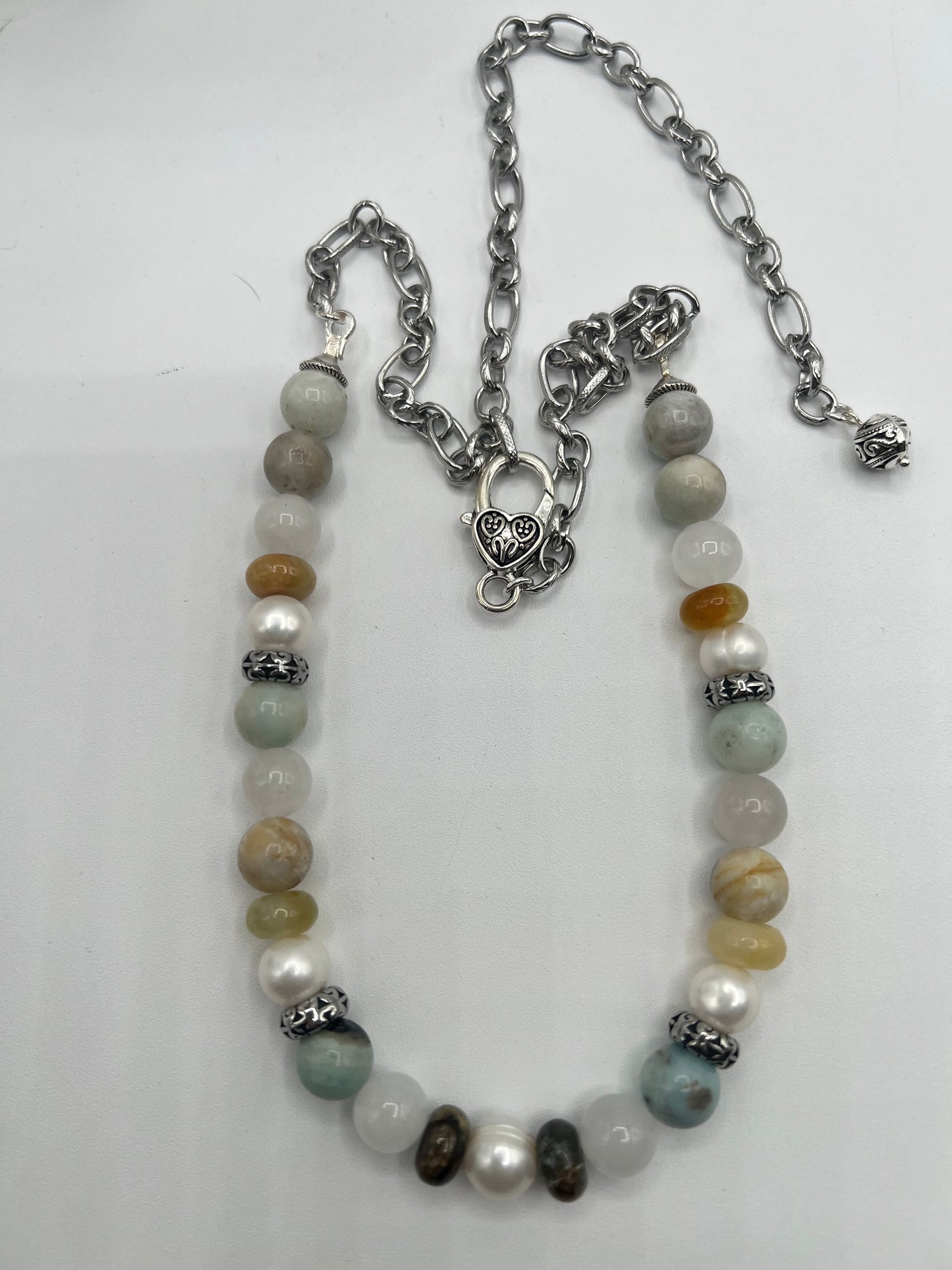 Gemstone Beaded Adjustable Necklace/ Fresh water Pearls, Amazonite