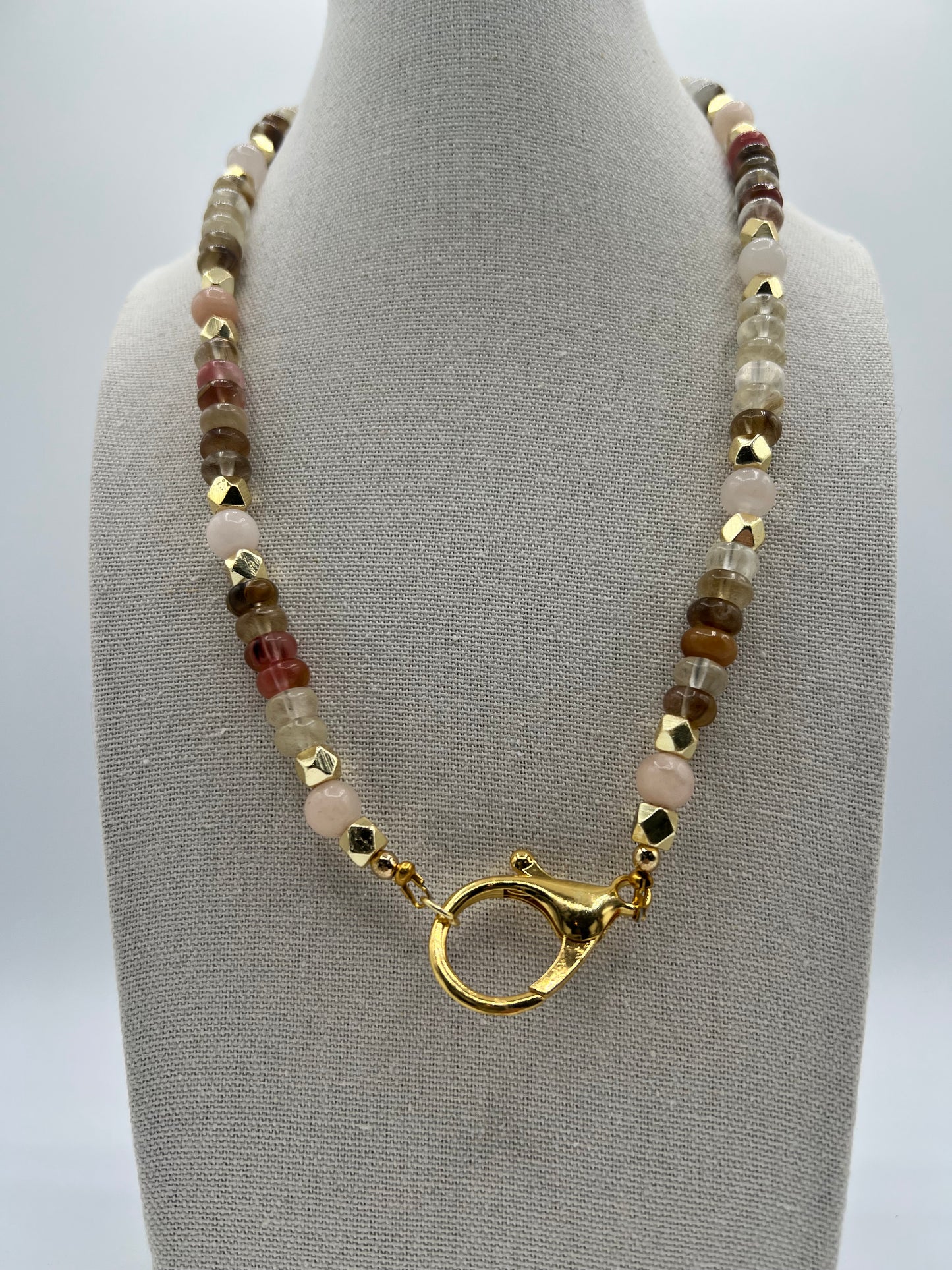 Gemstone Keychain Necklace/ White Jade, Watermelon Agate Rondelle