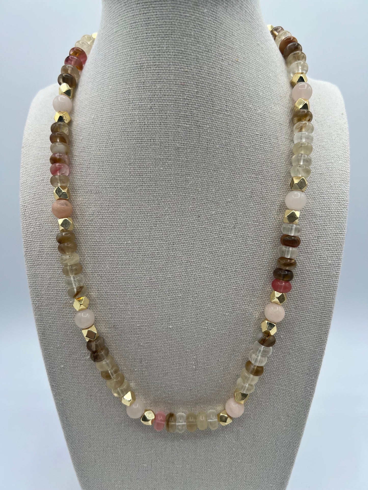Gemstone Keychain Necklace/ White Jade, Watermelon Agate Rondelle