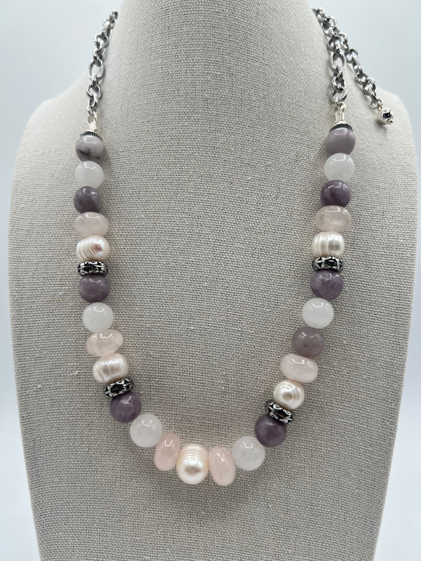 Gemstone Adjustable Necklace/ Fresh Water Pearls, Rose quartz, Amethyst