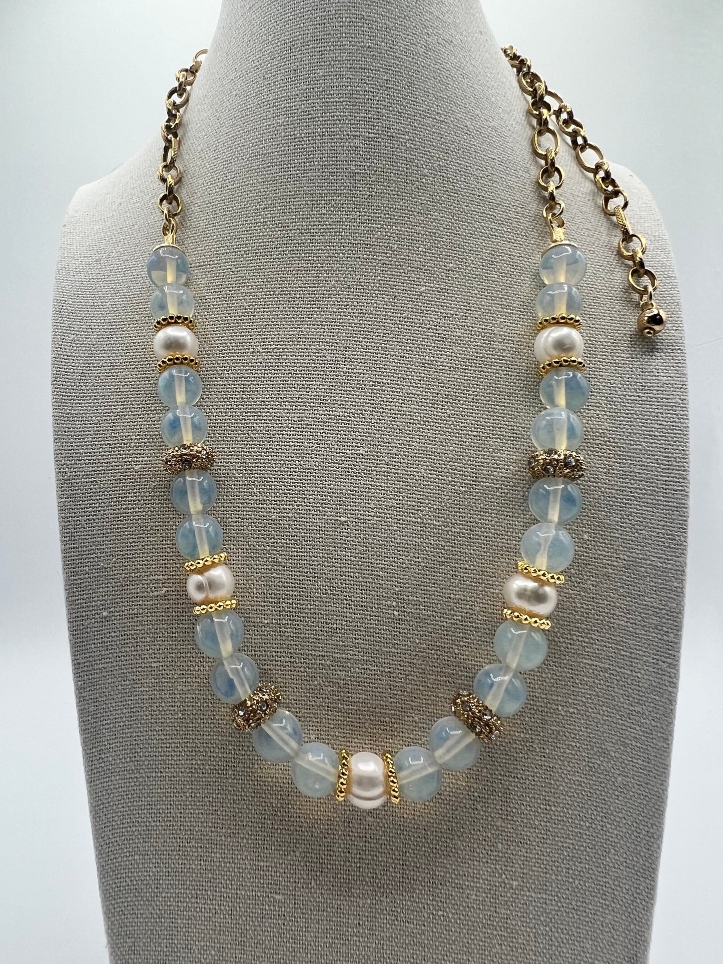 Gemstone Adjustable Necklace/ Opalite, Fresh Water Pearls