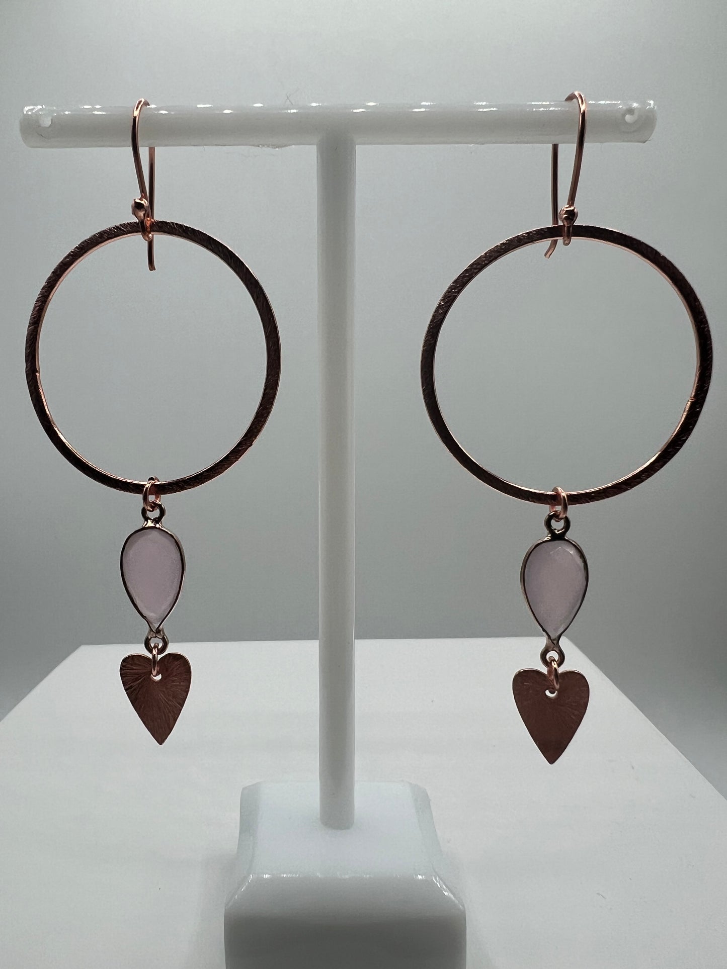 Gemstone Earrngs/ Rose Gold Hoops, Rose Quartz Hearts