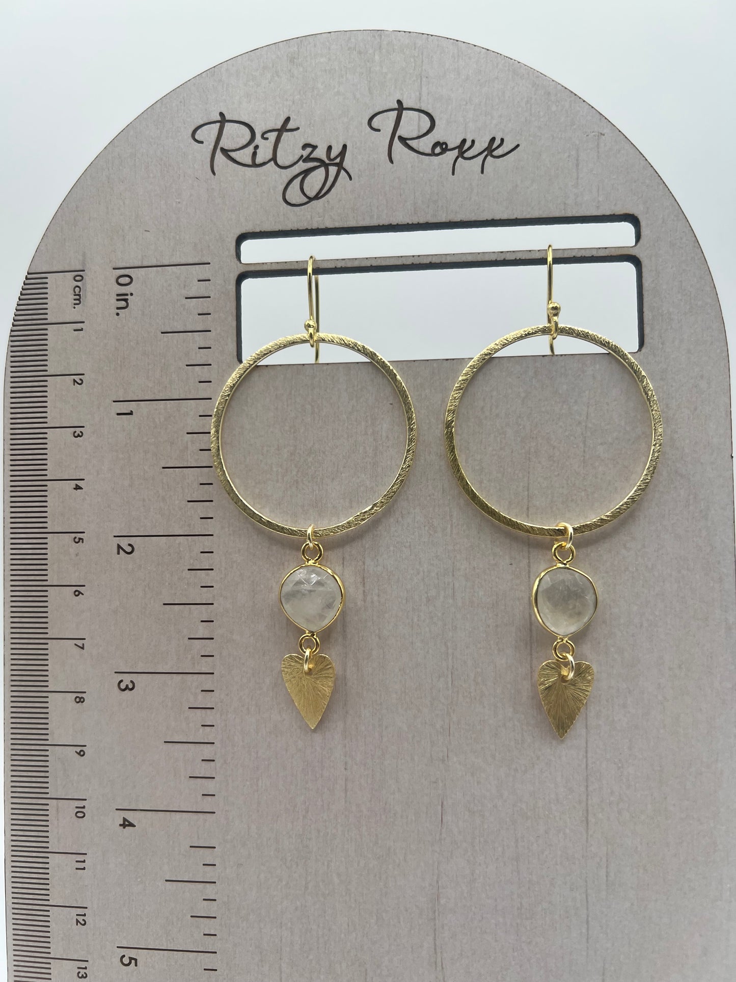 Gemstone Earrings/ Gold Hoops, Rainbow Moonstone Hearts