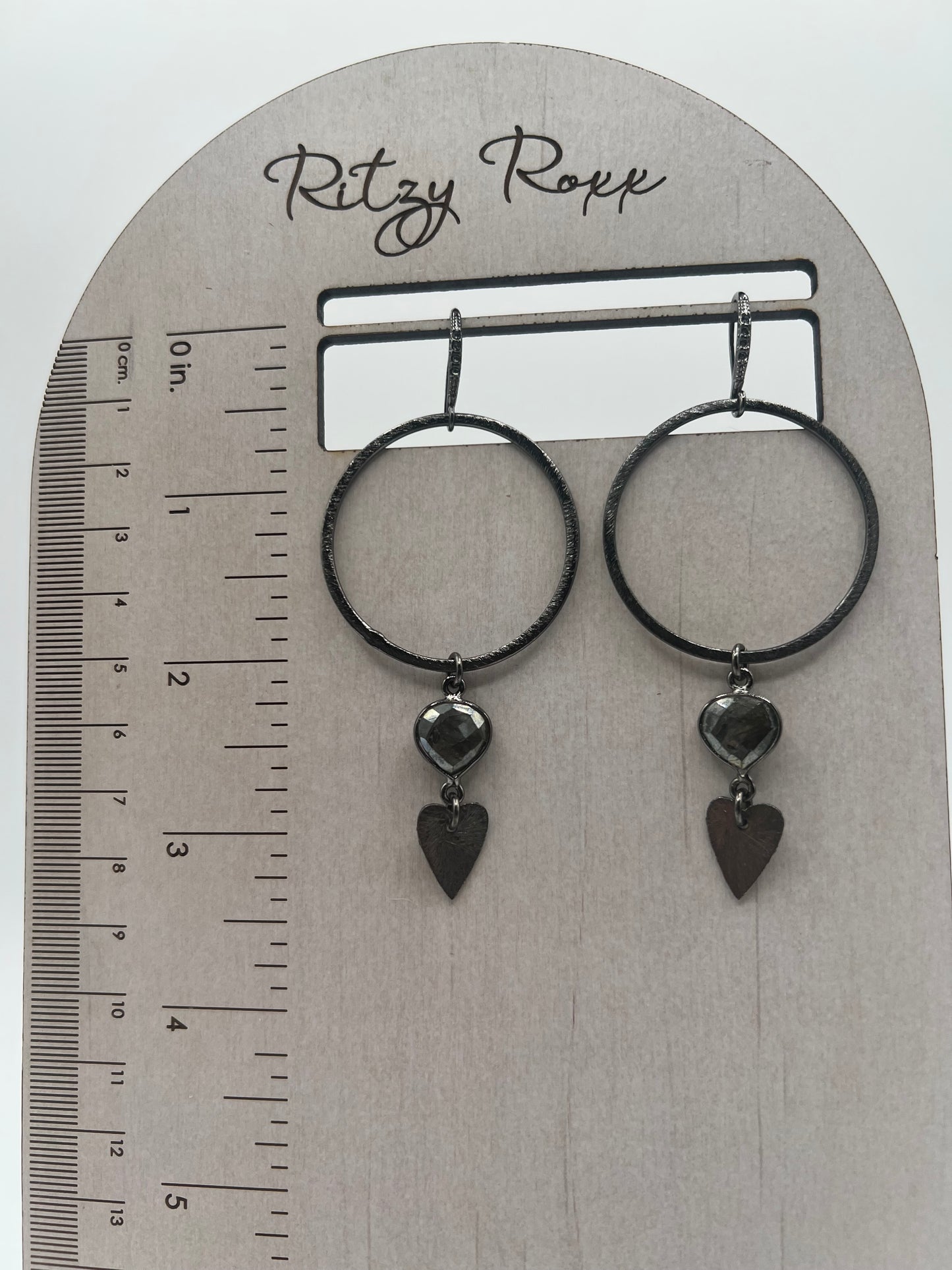 Gemstone Earring/ Gunmetal Hoops, Labradorite Hearts