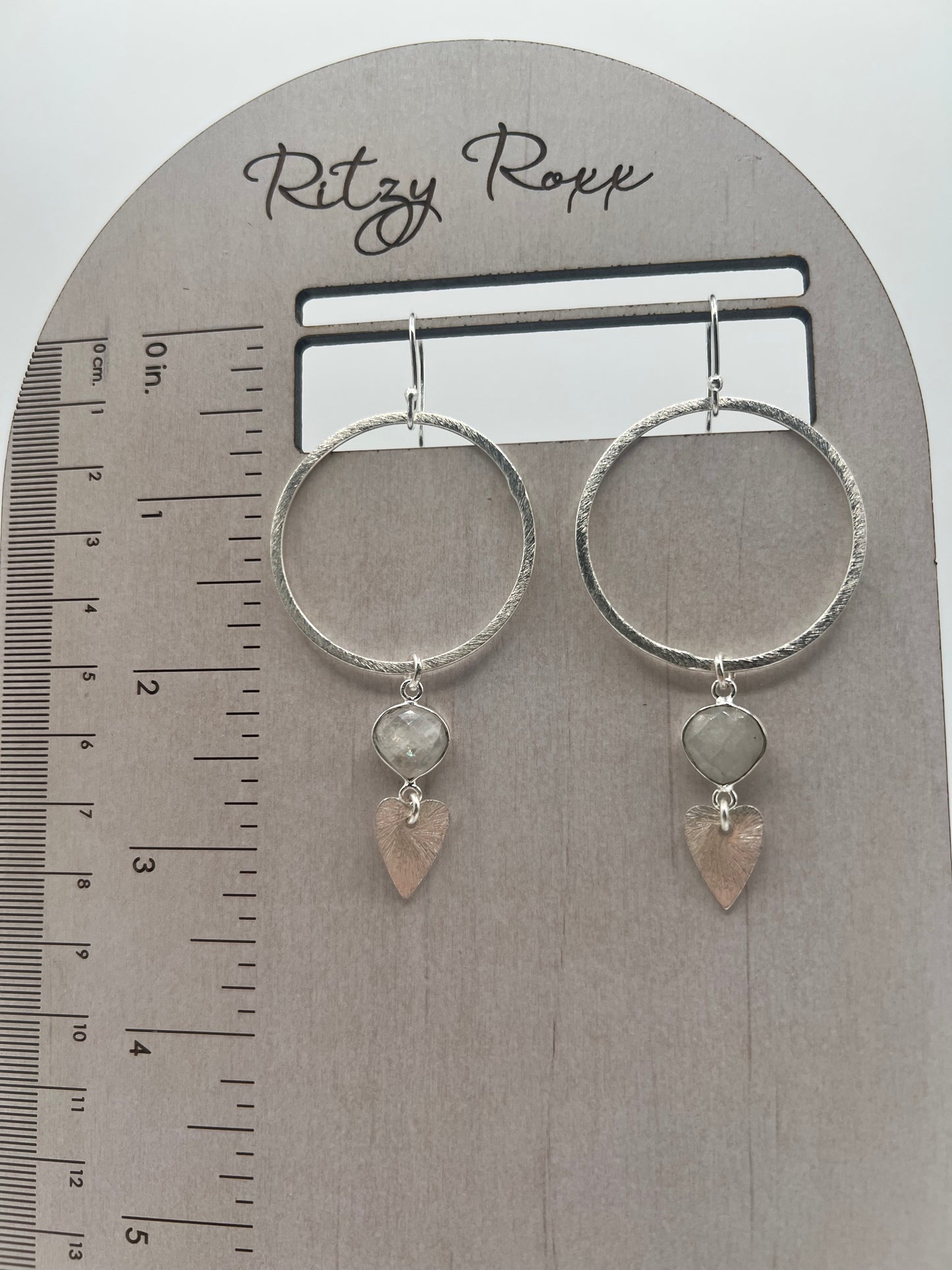 Gemstone Earring/ Silver Hoops, Rainbow Moonstone Hearts