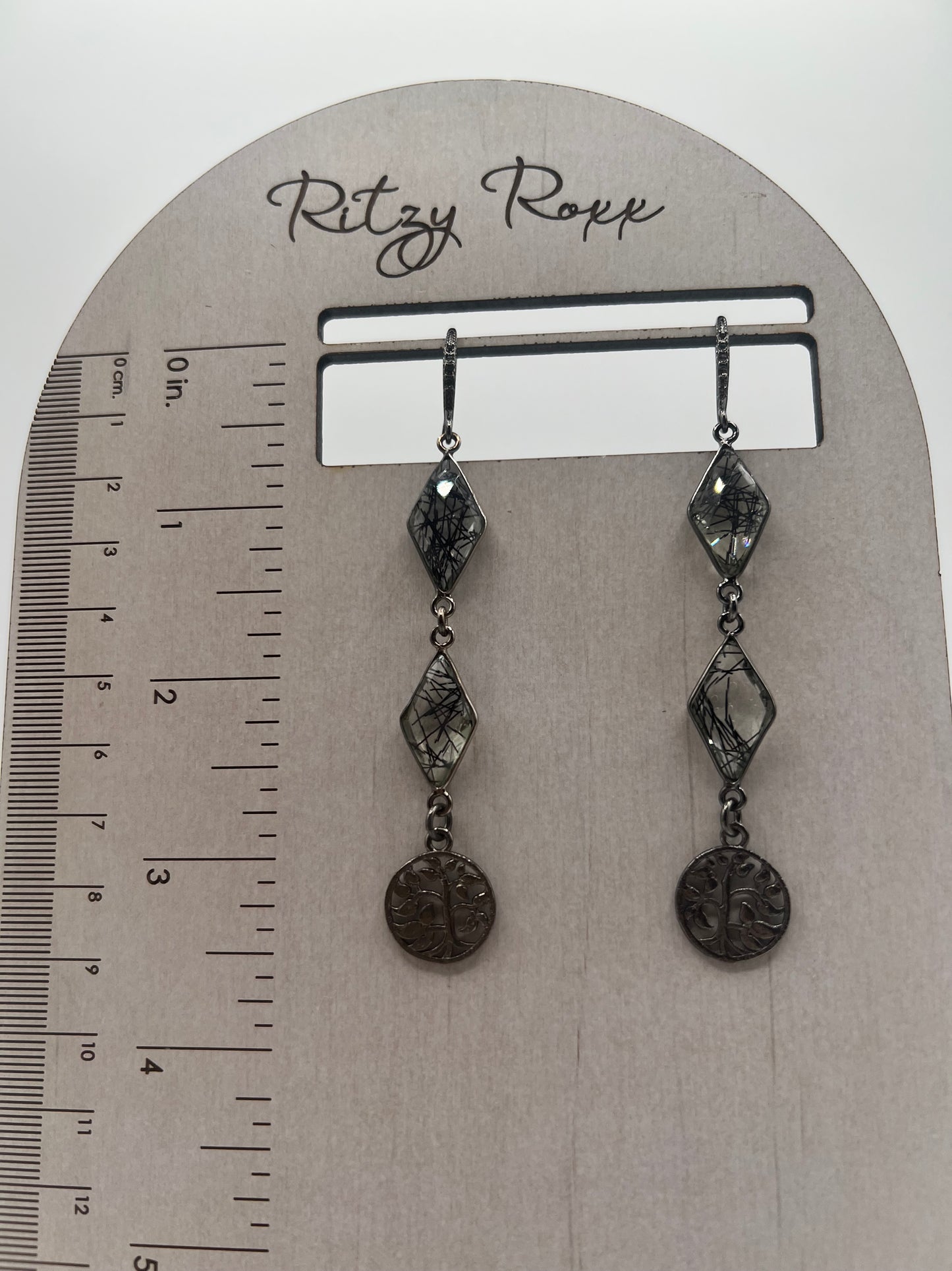Gemstone Earrings/ Gunmetal, Black Rutile Diamond/ Tree of Life Charm