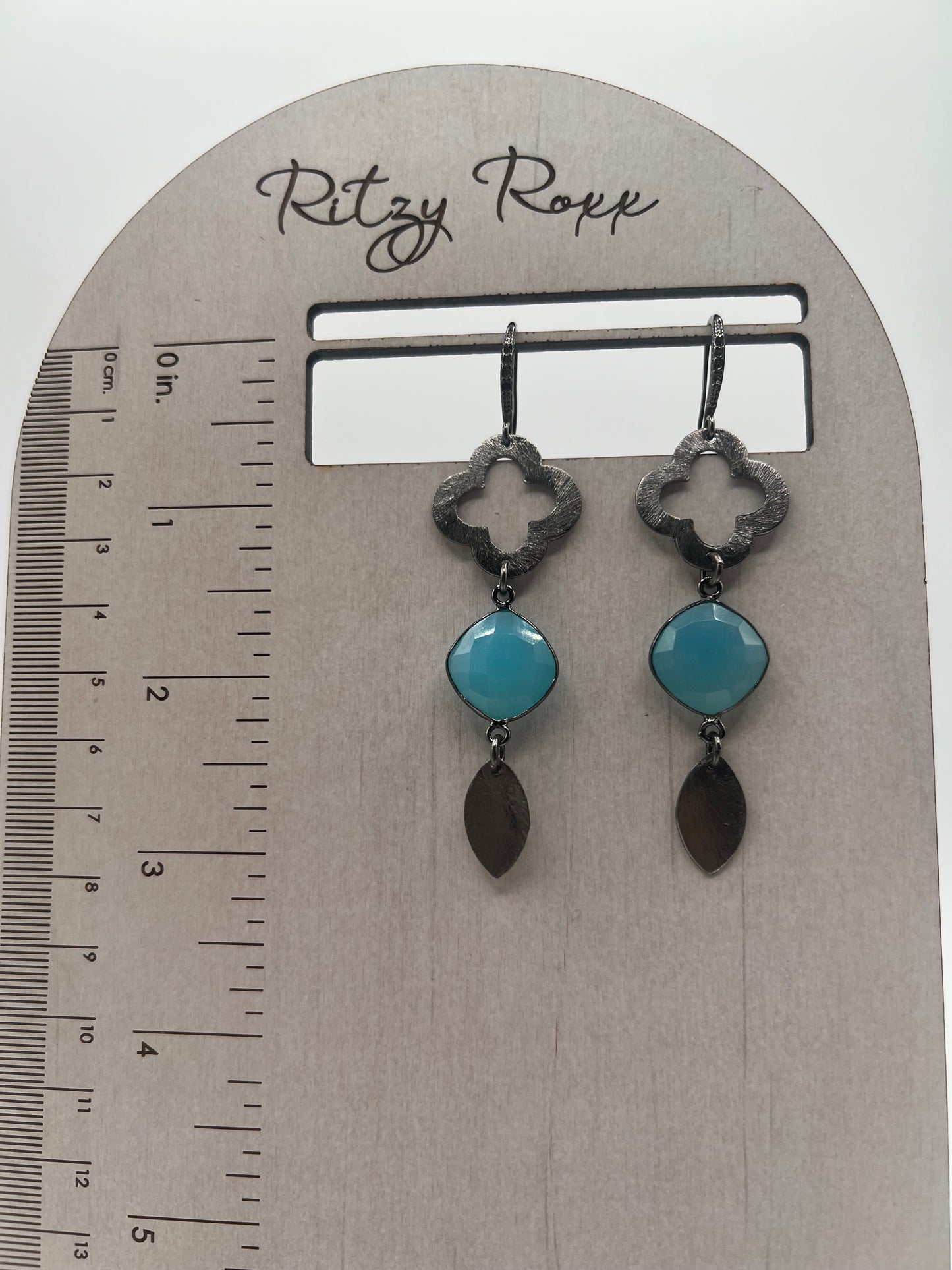 Gemstone Earring/ Gunmetal, Chalcedony, Marquise, Charms