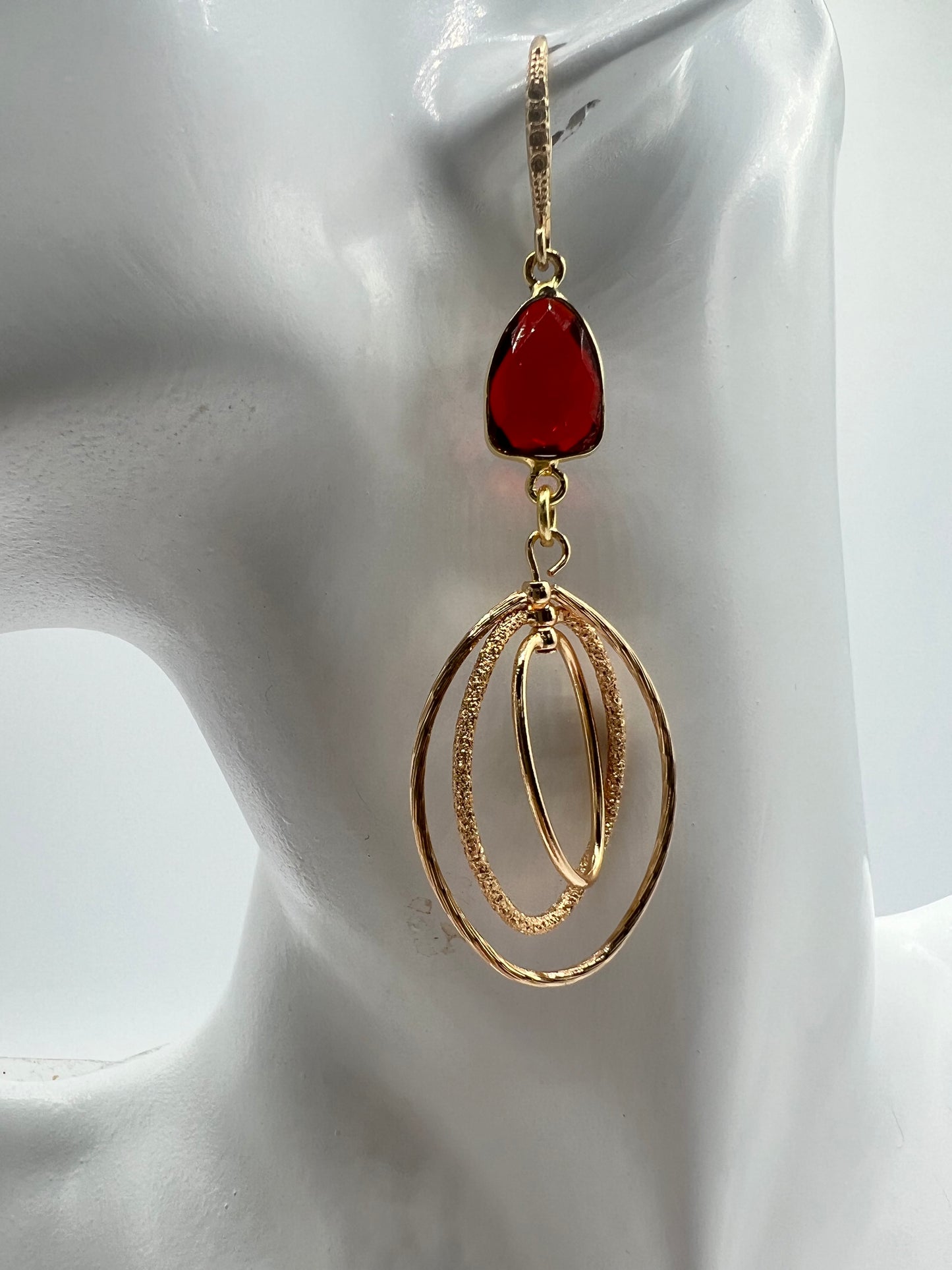 Gemstone Earring/Gold Spinner, Ruby Trillion