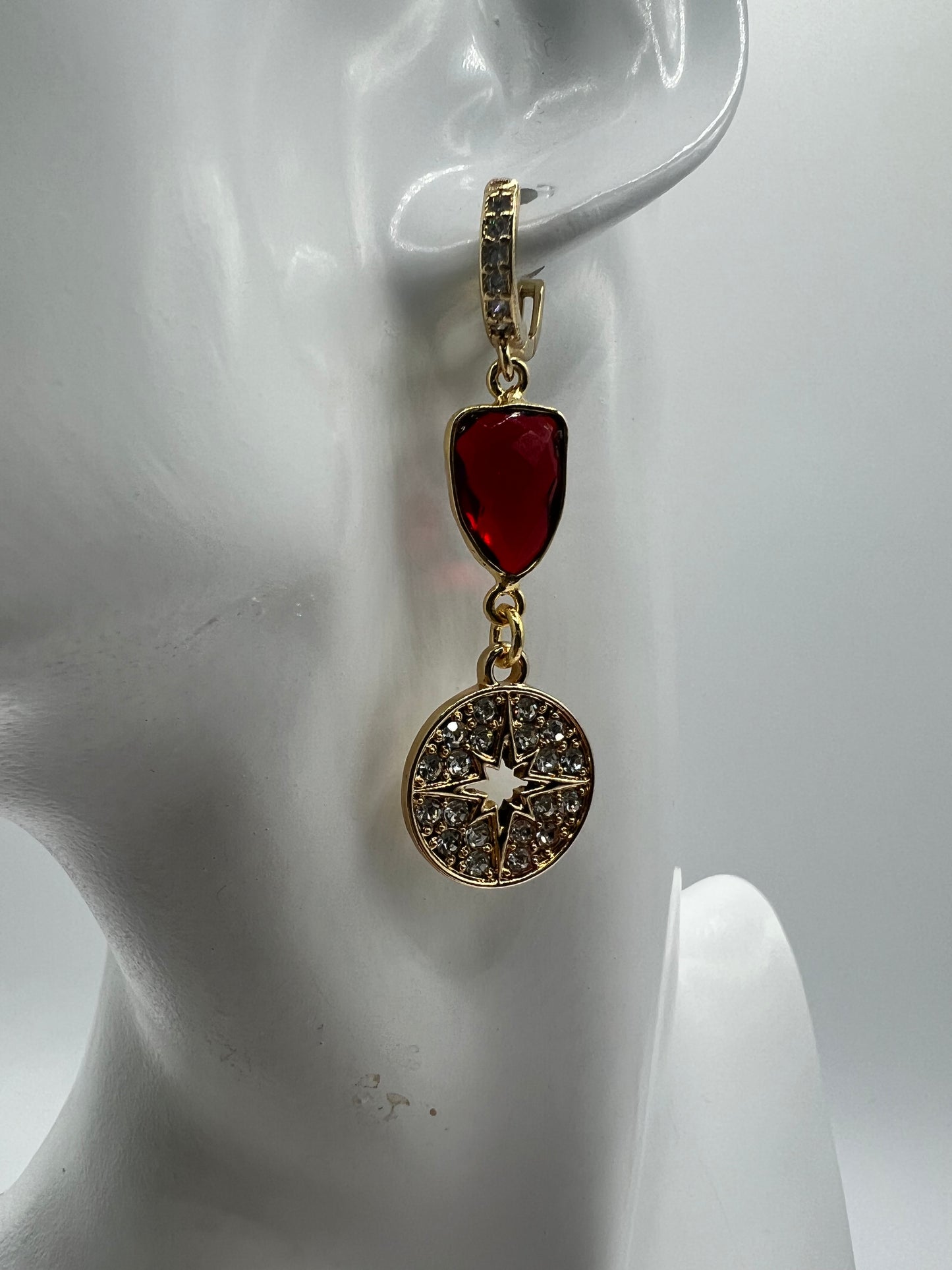 Gemstone Eearrings/ Gold Pave Star Charm, Ruby Trillion