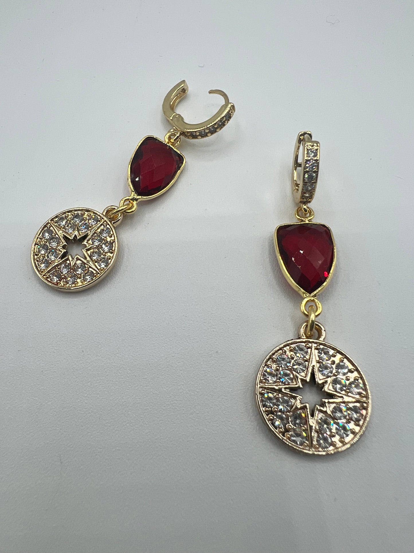 Gemstone Eearrings/ Gold Pave Star Charm, Ruby Trillion