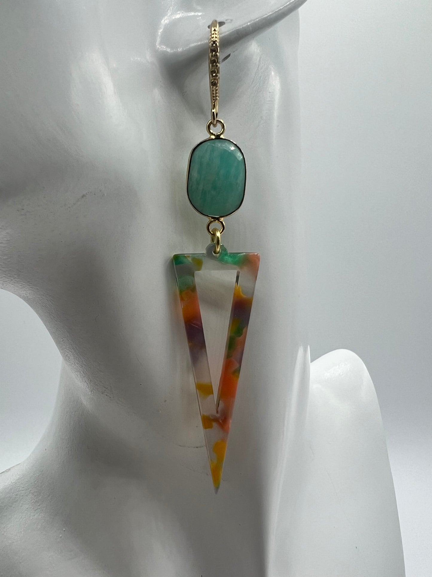 Gemstone Earrings/Gold Icicle Marble Acrylic, Amazonite