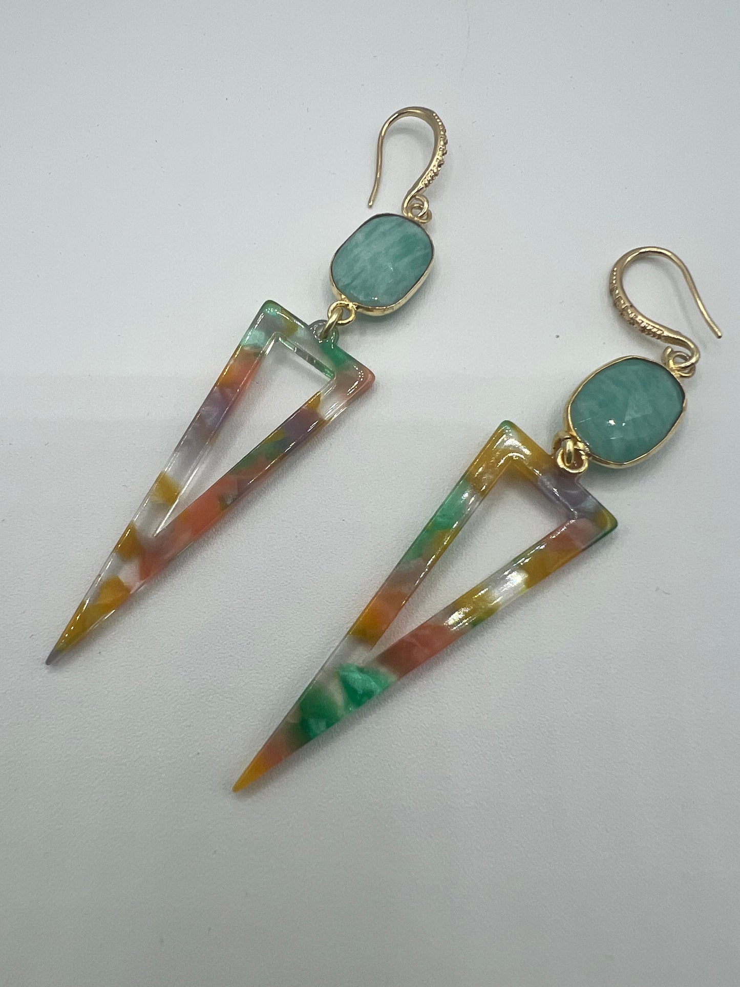 Gemstone Earrings/Gold Icicle Marble Acrylic, Amazonite