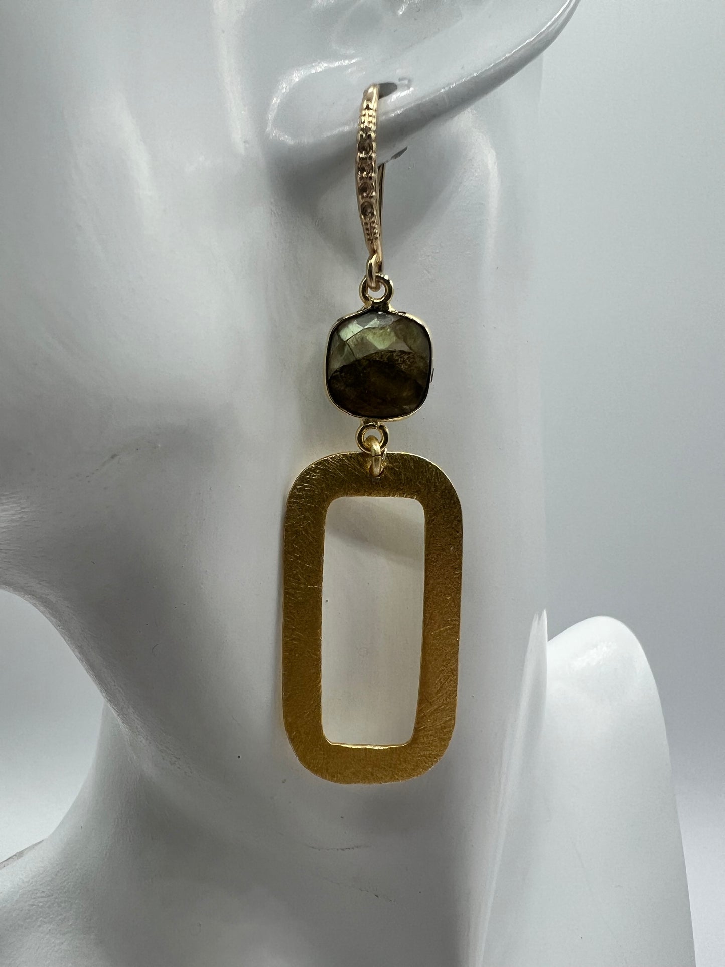 Gemstone Earrings/Gold Rectangle, Cushion Cut Labradorite