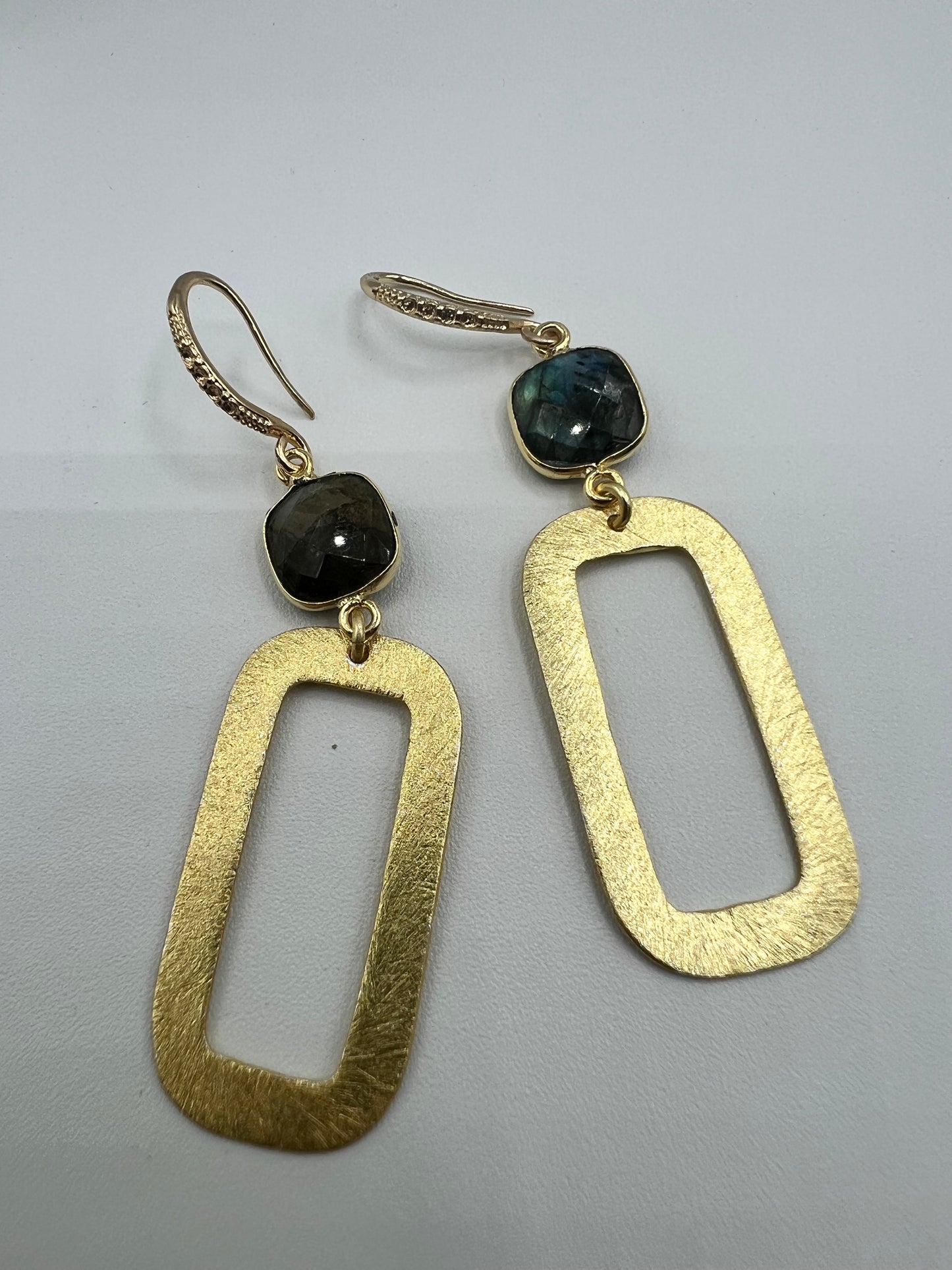 Gemstone Earrings/Gold Rectangle, Cushion Cut Labradorite