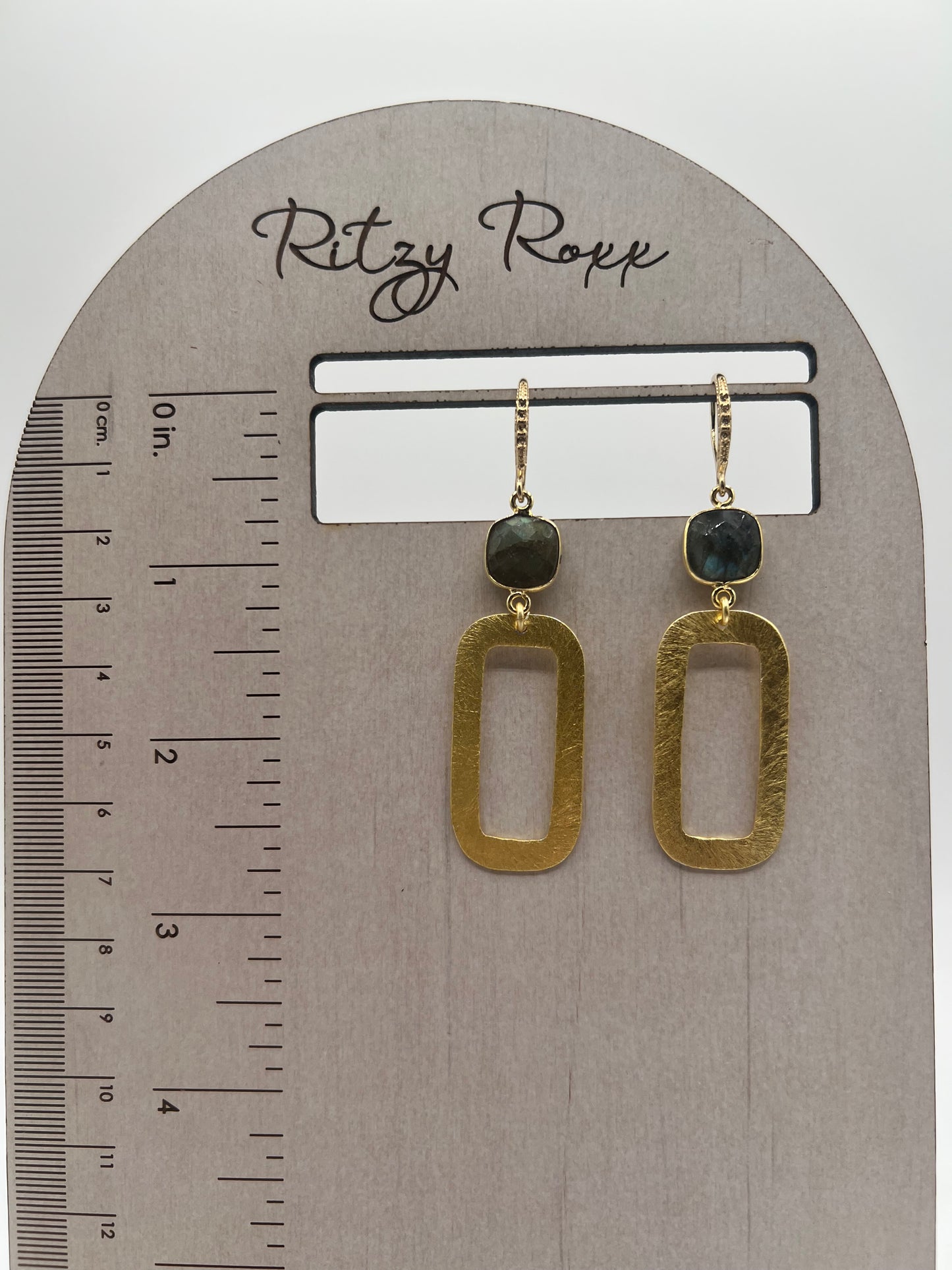 Gemstone Earrings/Gold Rectangle, Cushion Cut Labradorite