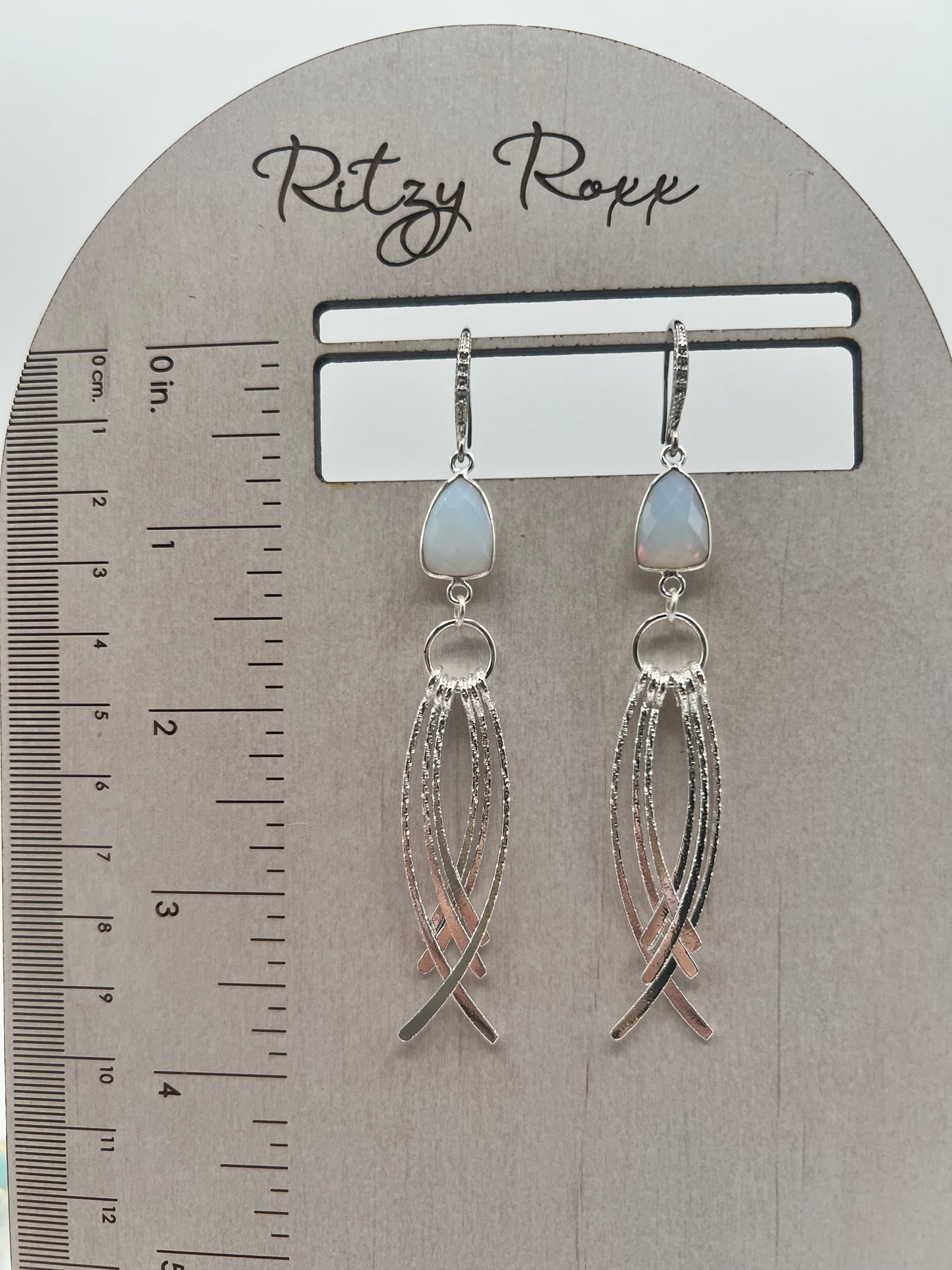 Gemstone Earrings/Silver Long Fringe, Opalite Trillion