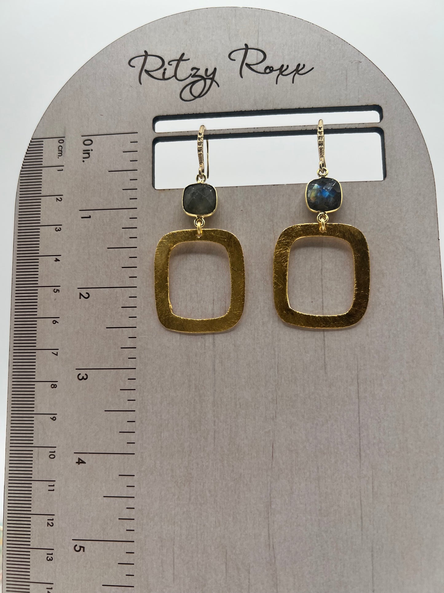 Gemstone Earring/Gold Square, Cushion Cut Labradorite