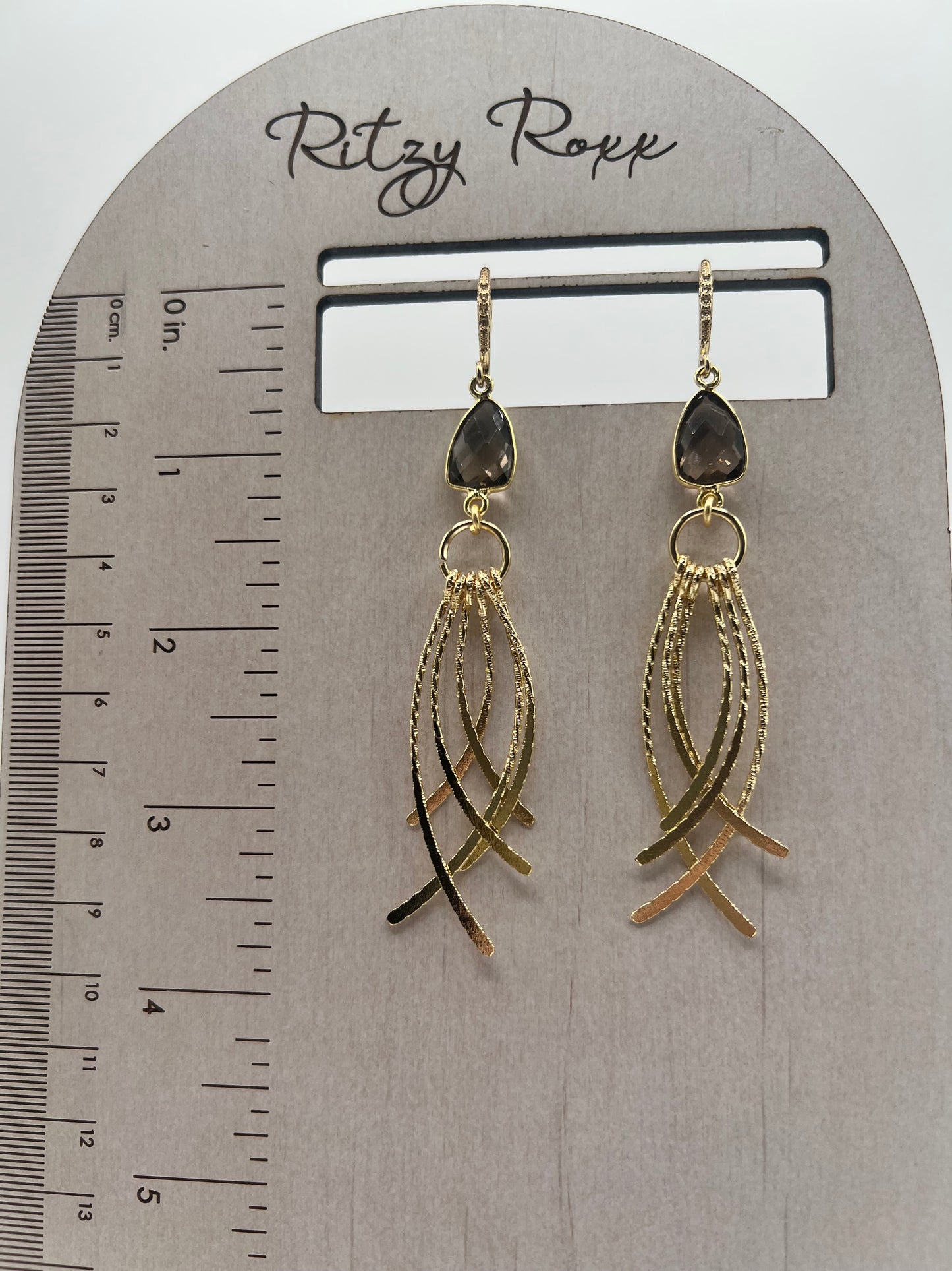 Gemstone Earrings/Gold Long Fringe, Smoky Topaz