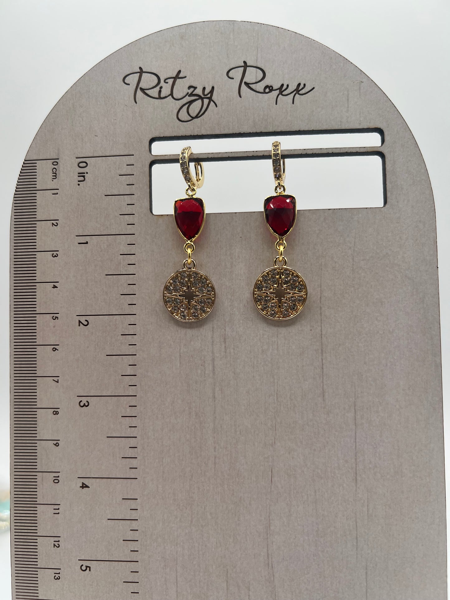 Gemstone Eearrings/ Gold Pave Star Charm, Ruby Trillion
