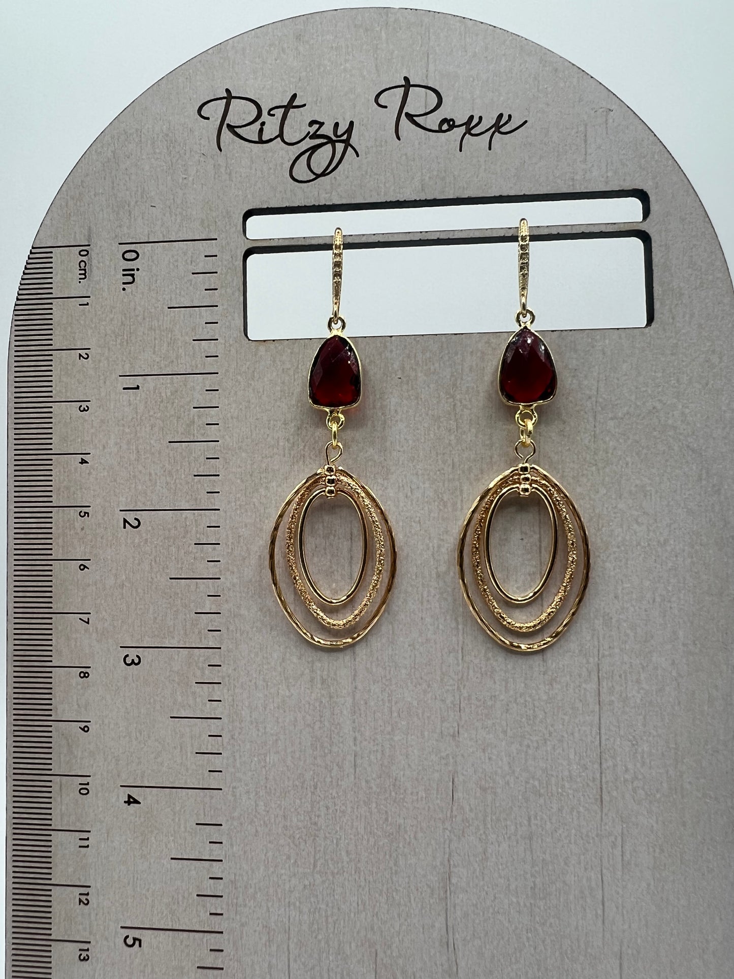Gemstone Earring/Gold Spinner, Ruby Trillion