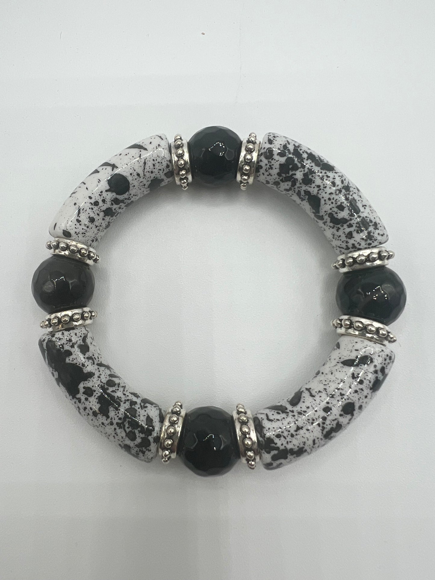 Gemstone Acrylic Bangle/ Black, White and Silver, Faceted Onyx