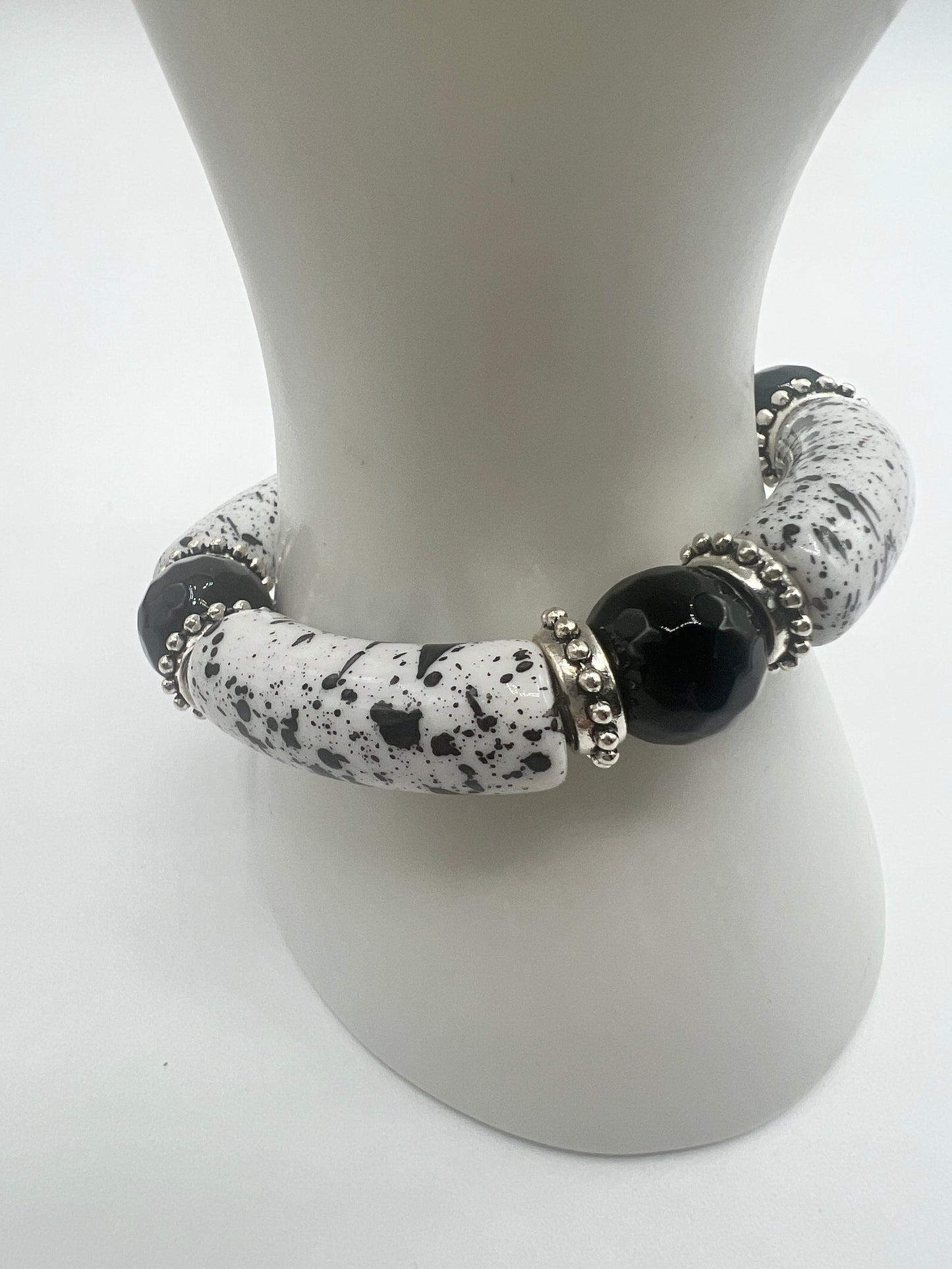 Gemstone Acrylic Bangle/ Black, White and Silver, Faceted Onyx