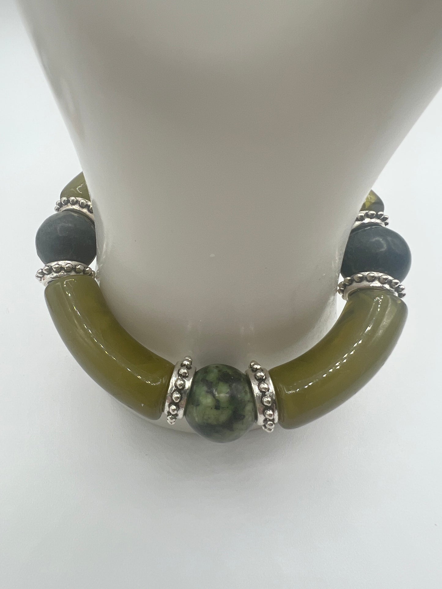Gemstone Acrylic Bangle/ Olive, Rhyolite, Silver