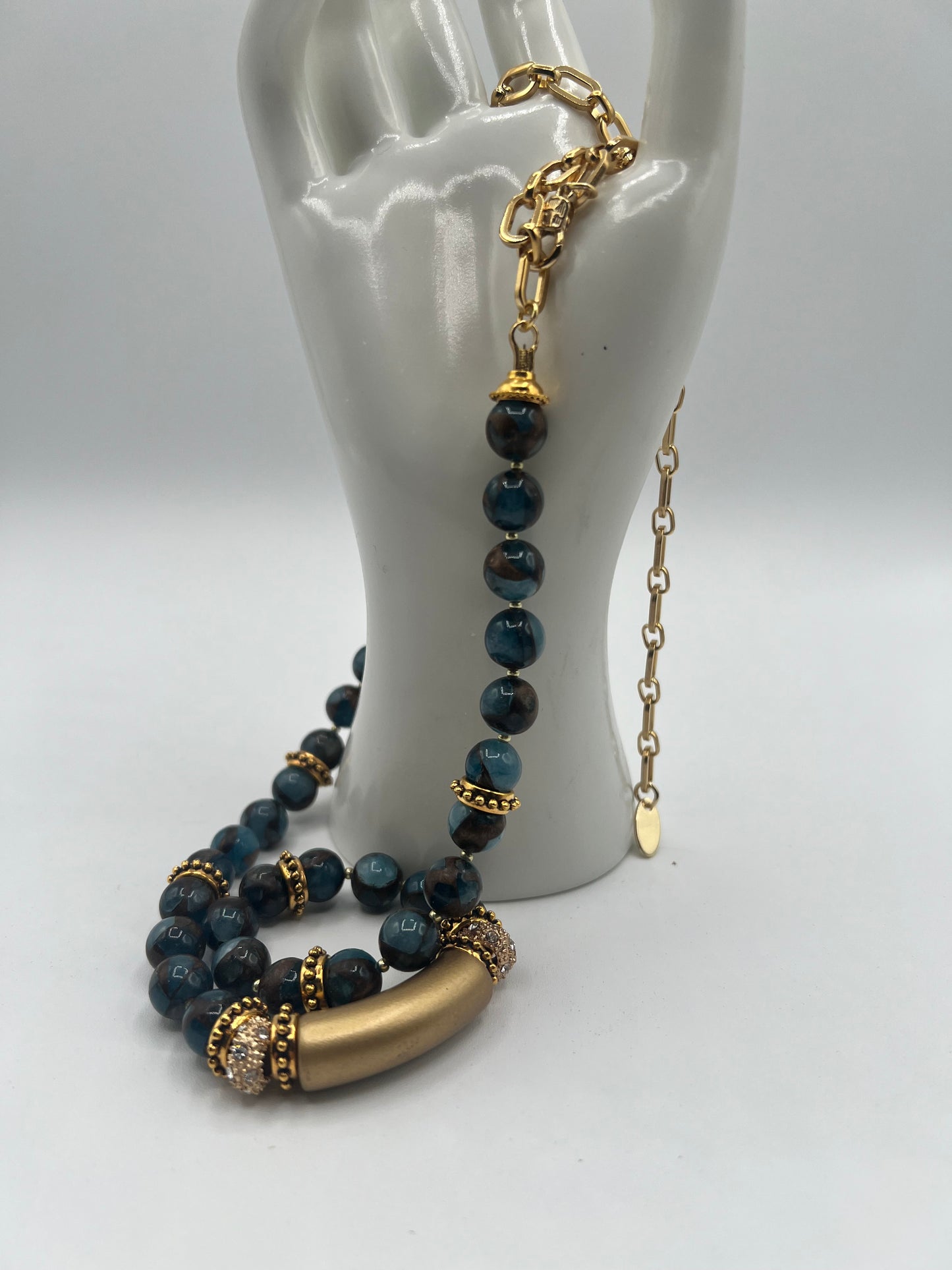 Golden Aqua Jasper Gemstone Necklace with Matt Gold Bead and Pavel Accents/Adjustable19-29"