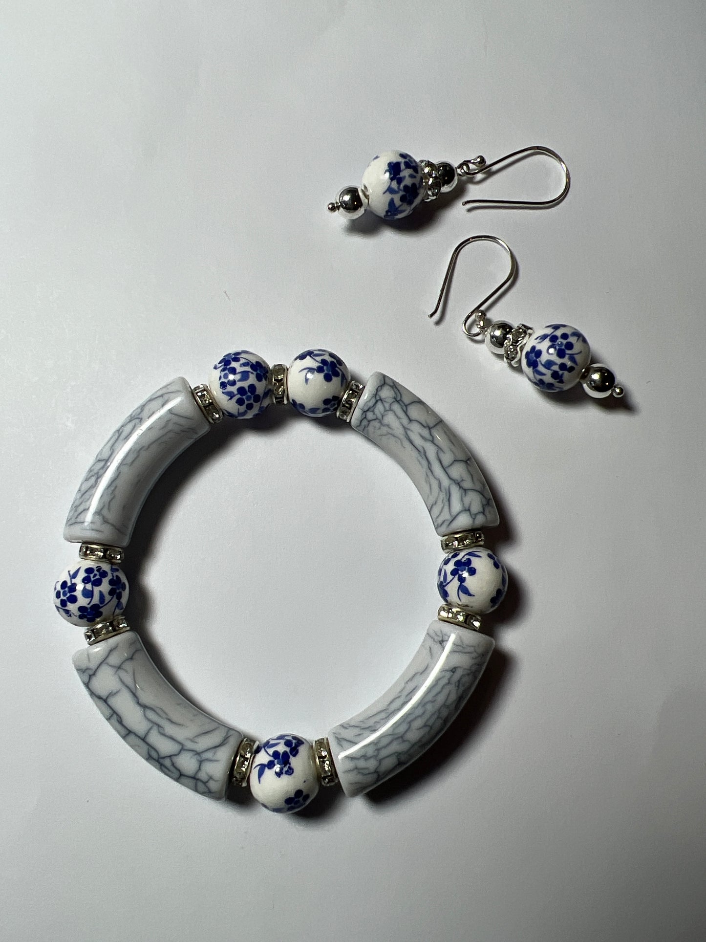 Gemstone Acrylic Bangle White with Porcelain Floral beads