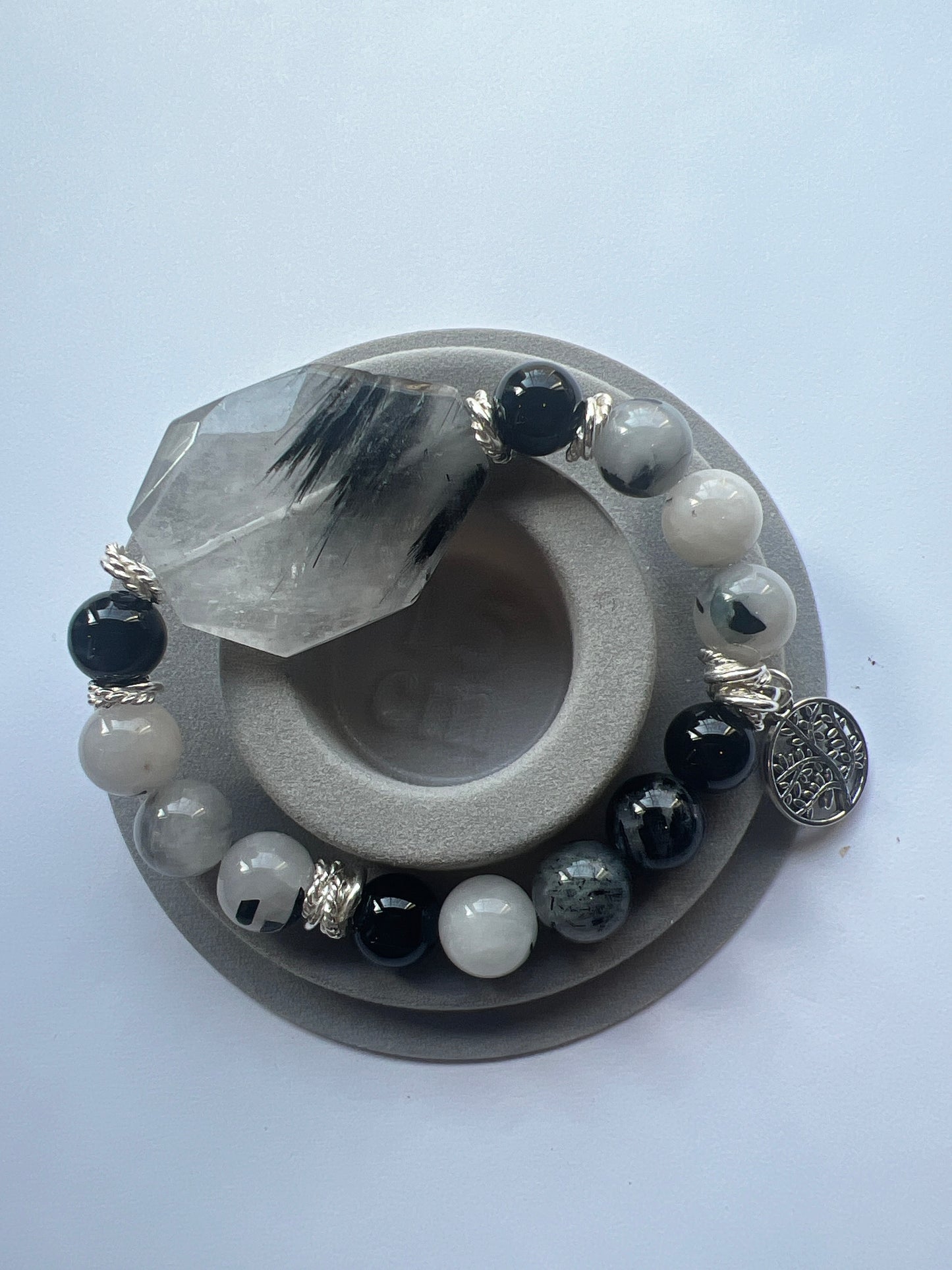 Gemstone Bracelet with Center Stone/ Black and White Brachiated Quartz