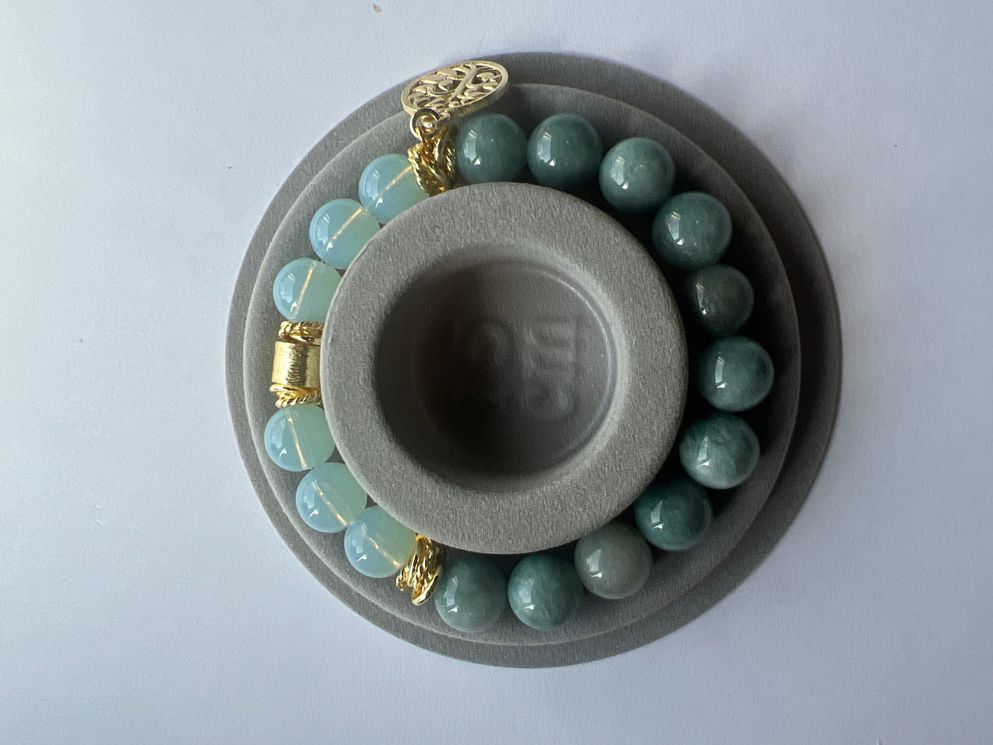 Gemstone Bracelet/Opalite and Burmese Jade with Brushed Gold accents