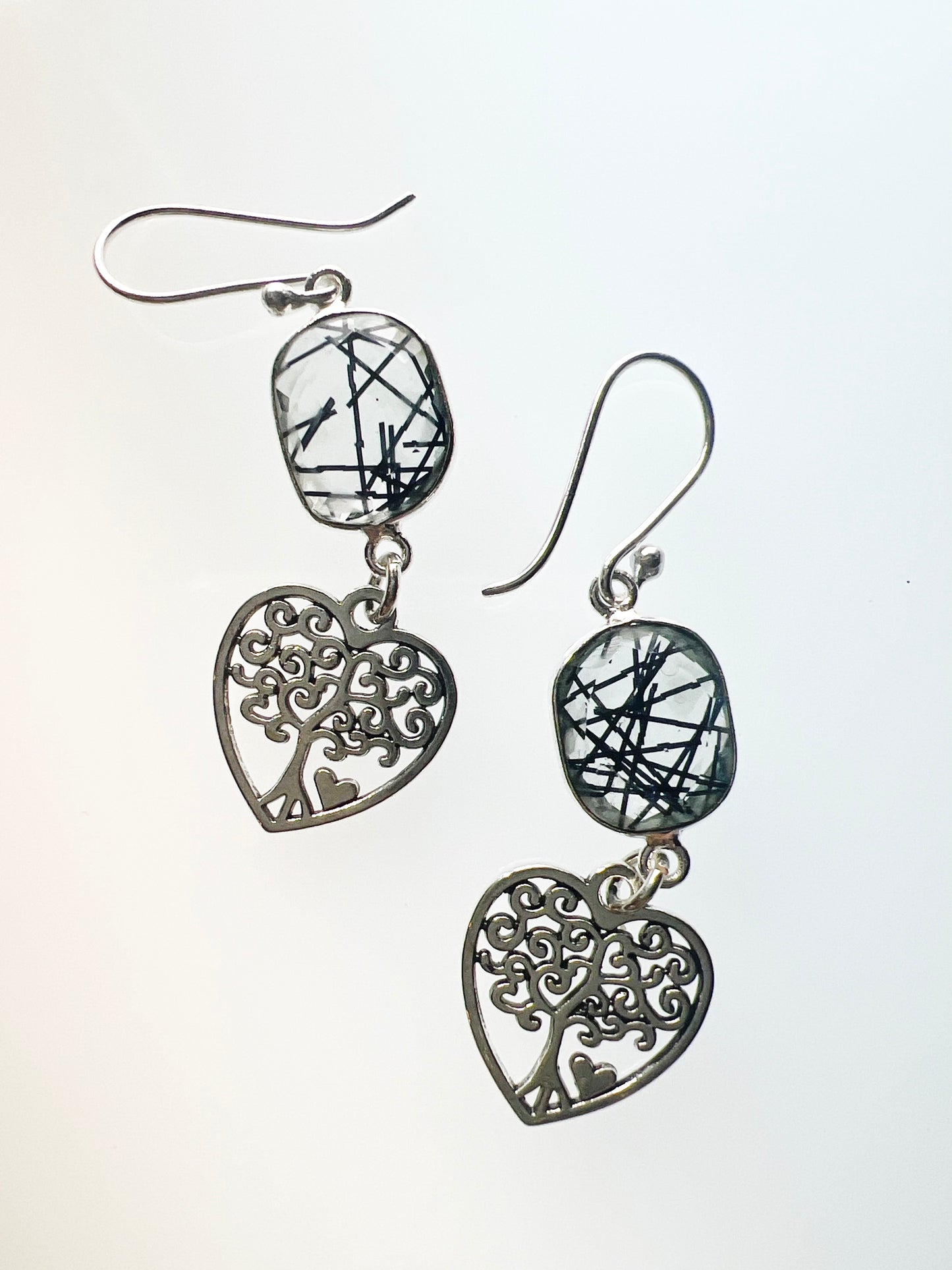 Gemstone Earring Black Rutile with silver filigree heart