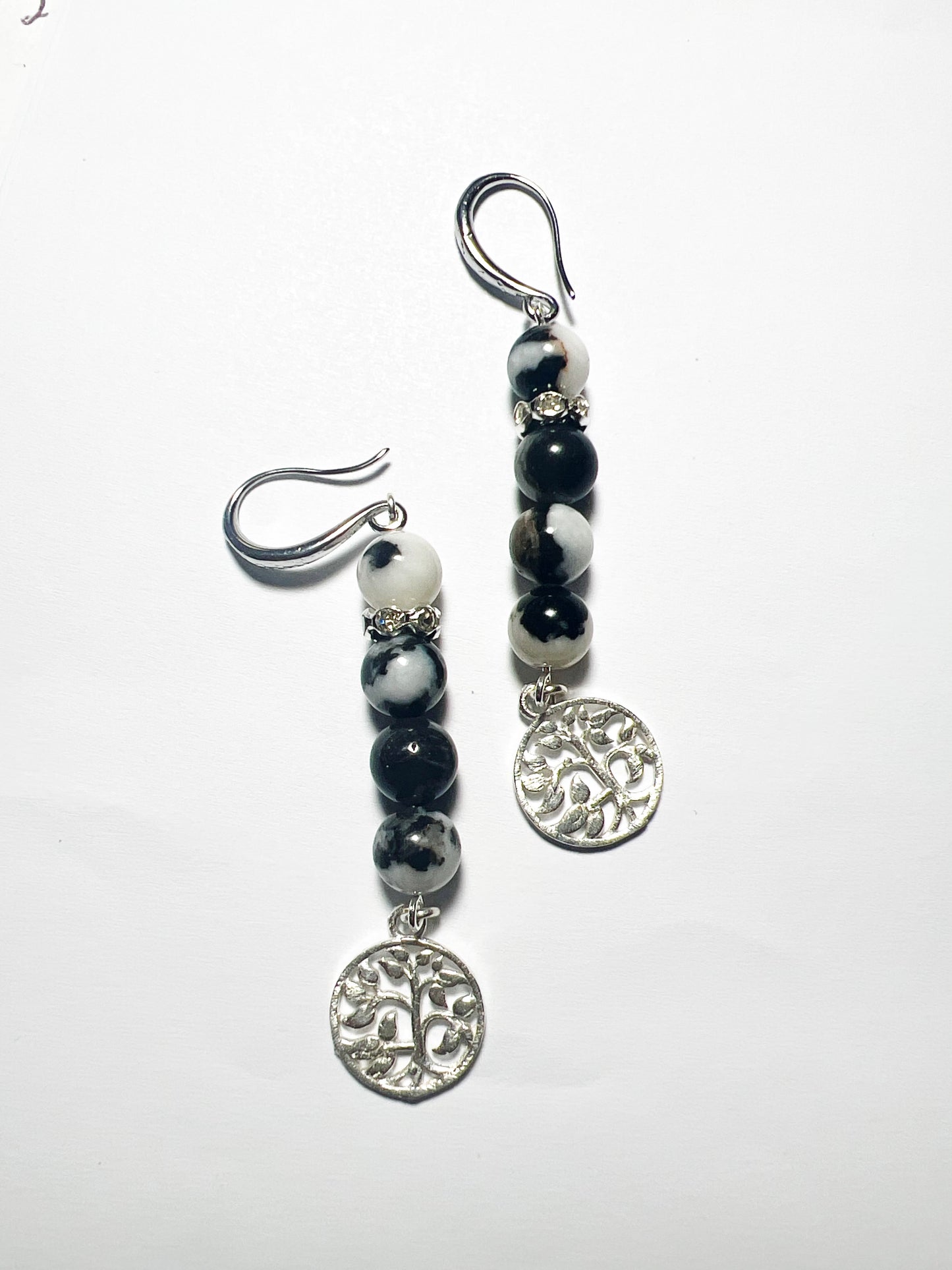 Gemstone Earring/ Black and White Jasper Pencil Point with Tree Charm